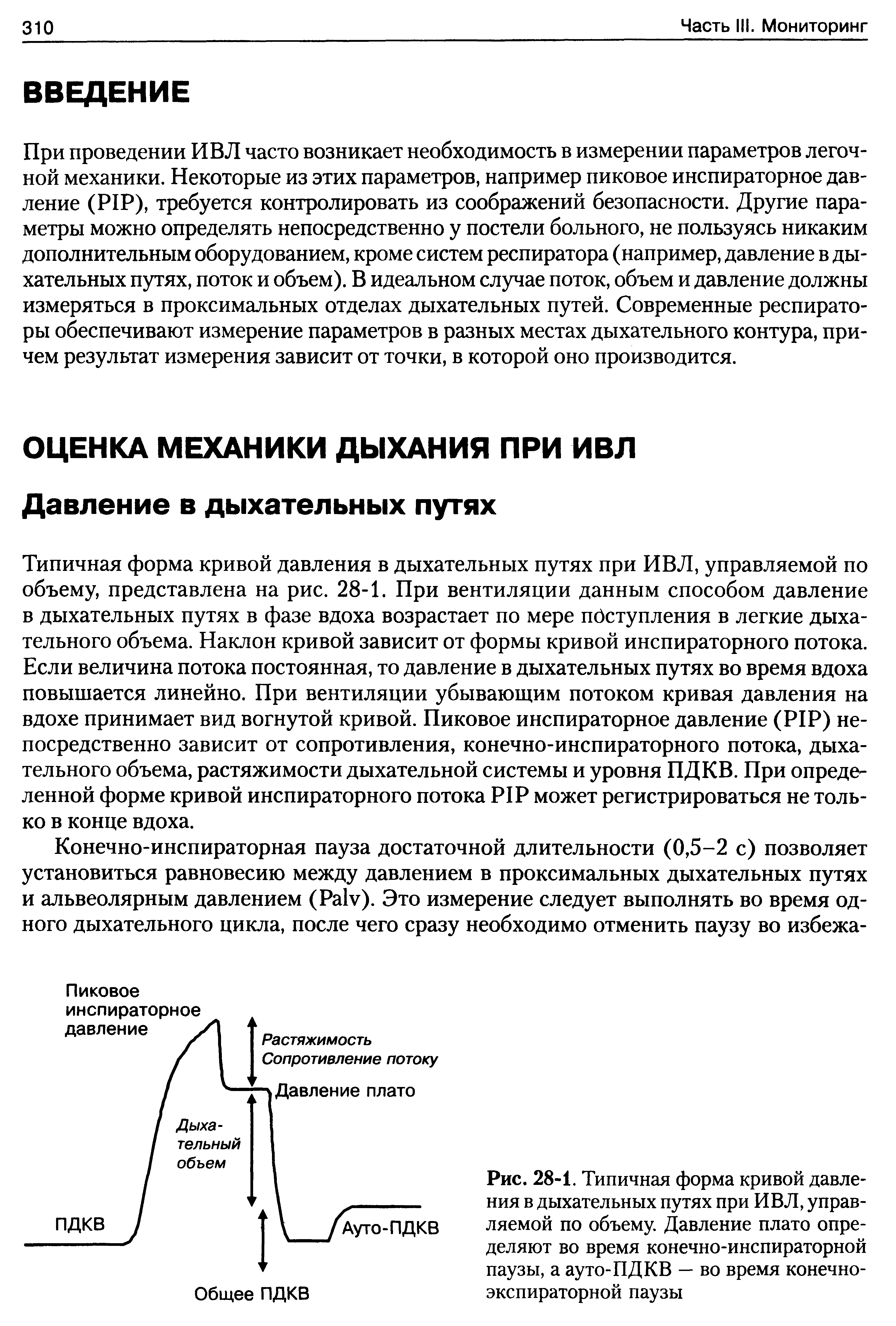 Рис. 28-1. Типичная форма кривой давления в дыхательных путях при ИВЛ, управляемой по объему. Давление плато определяют во время конечно-инспираторной паузы, а ауто-ПДКВ — во время конечноэкспираторной паузы...