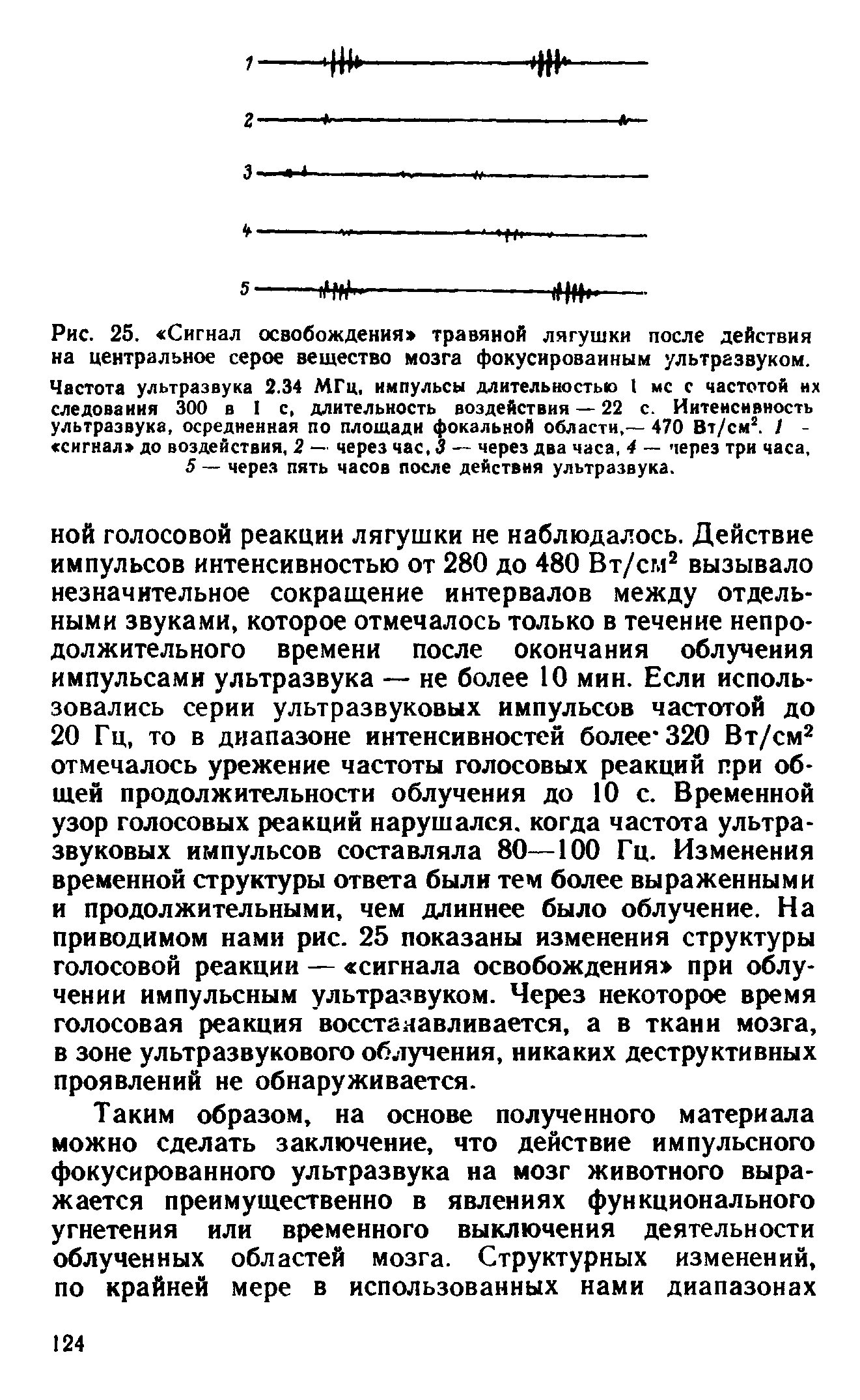 Рис. 25. Сигнал освобождения травяной лягушки после действия на центральное серое вещество мозга фокусированным ультразвуком. Частота ультразвука 2.34 МГц, импульсы длительностью I мс с частотой их следования 300 в I с, длительность воздействия — 22 с. Интенсивность ультразвука, осредненная по площади фокальной области,— 470 Вт/см2. I - сигнал до воздействия, 2 — через час, 3 — через два часа, 4 — через три часа, 5 — через пять часов после действия ультразвука.