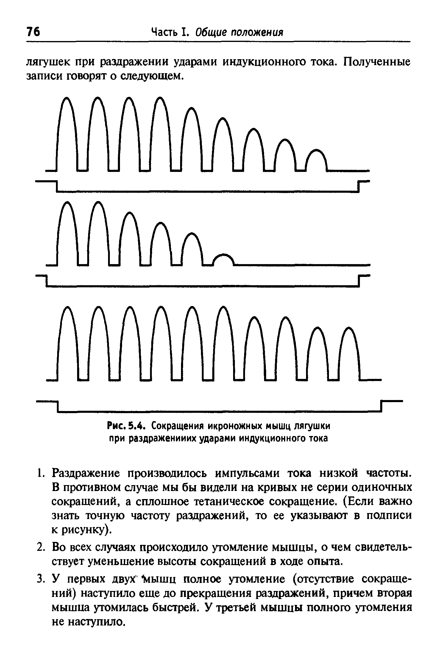 Рис. 5.4. Сокращения икроножных мышц лягушки при раздраженииих ударами индукционного тока...