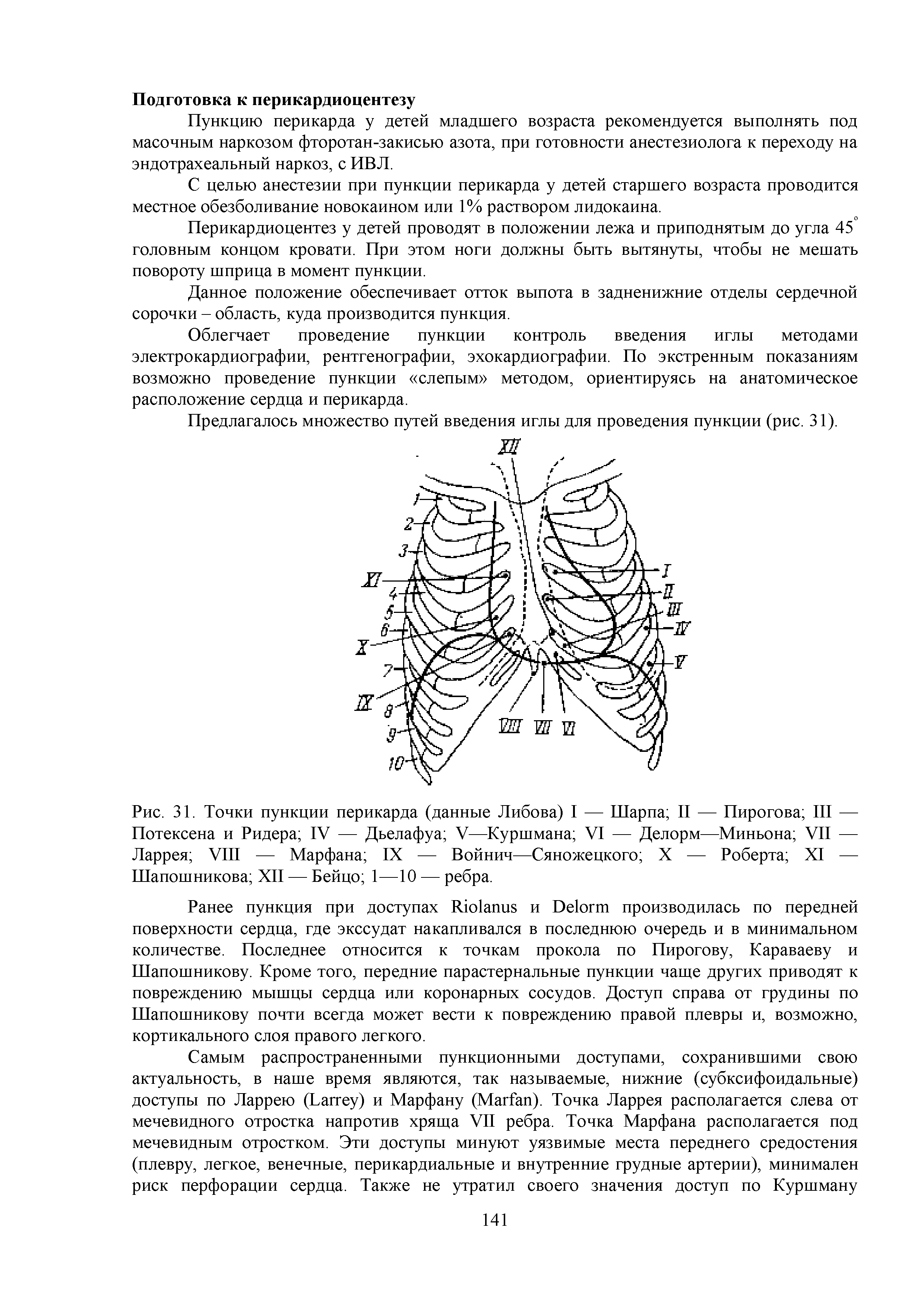 Рис. 31. Точки пункции перикарда (данные Либова) I — Шарпа II — Пирогова III — Потексена и Ридера IV — Дьелафуа V—Куршмана VI — Делорм—Миньона VII — Ларрея VIII — Марфана IX — Войнич—Сяножецкого X — Роберта XI — Шапошникова XII — Бейцо 1—10 — ребра.