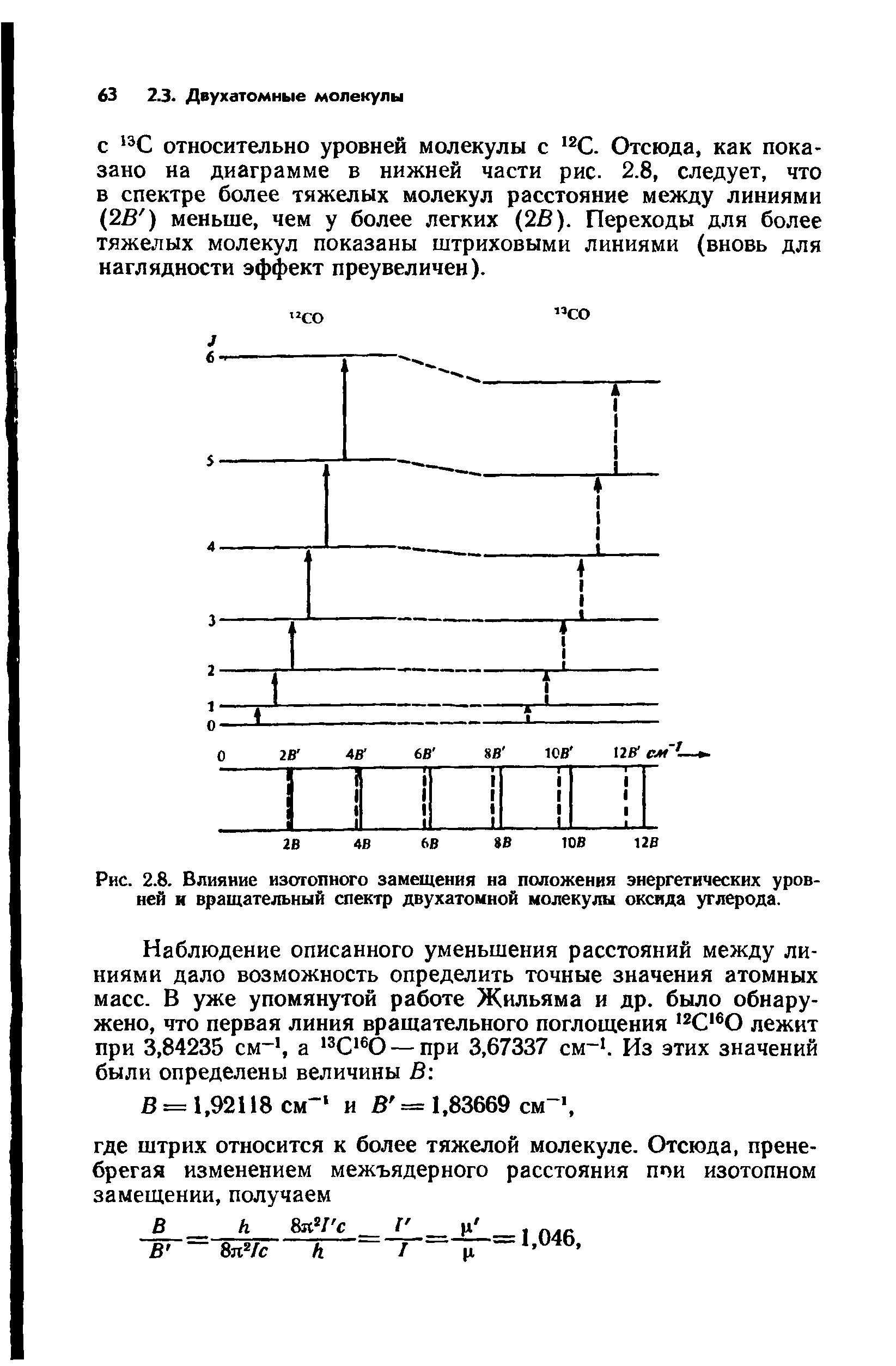 Рис. 2.8. Влияние изотопного замещения на положения энергетических уровней и вращательный спектр двухатомной молекулы оксида углерода.