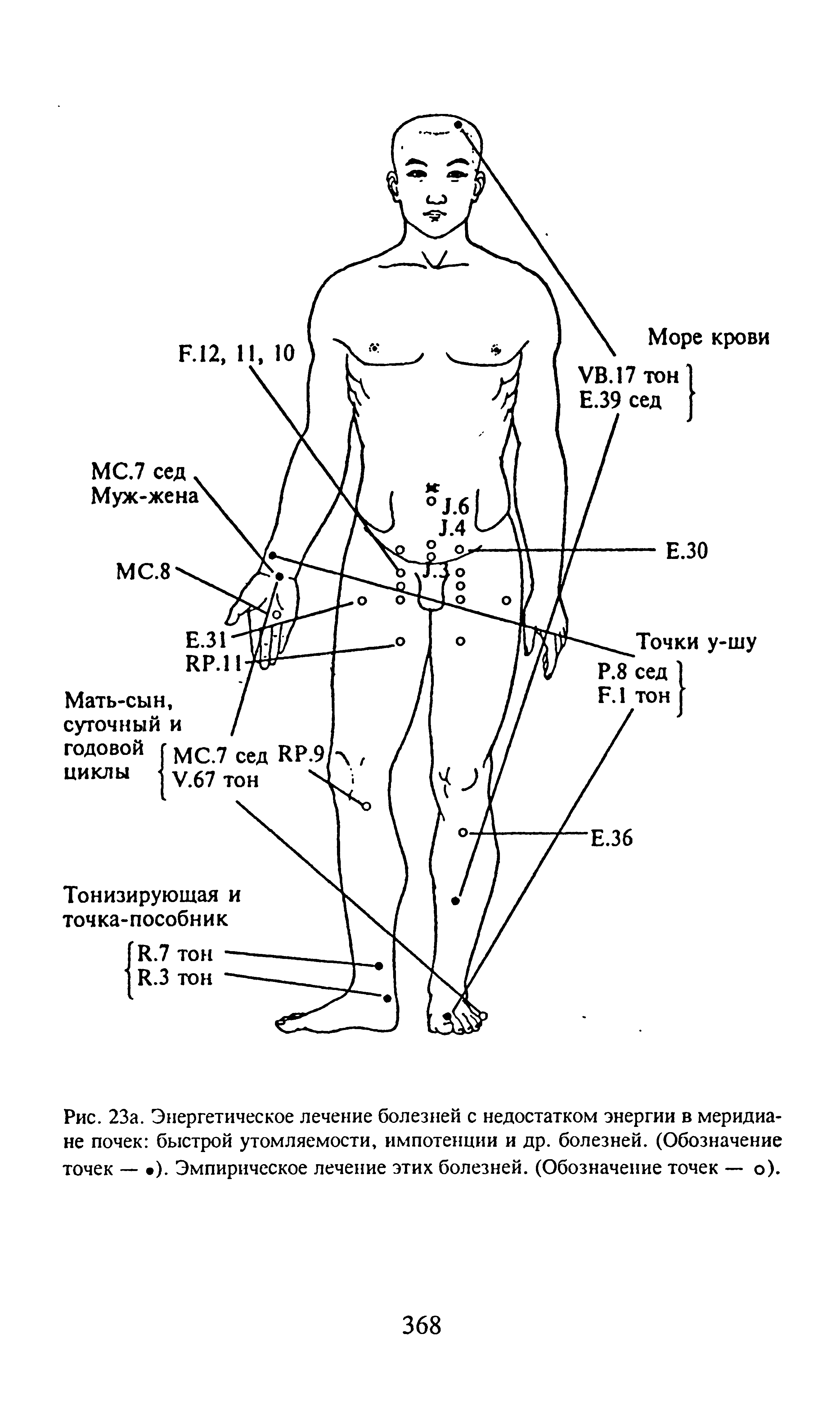 Рис. 23а. Энергетическое лечение болезней с недостатком энергии в меридиане почек быстрой утомляемости, импотенции и др. болезней. (Обозначение точек — ). Эмпирическое лечение этих болезней. (Обозначение точек — о).