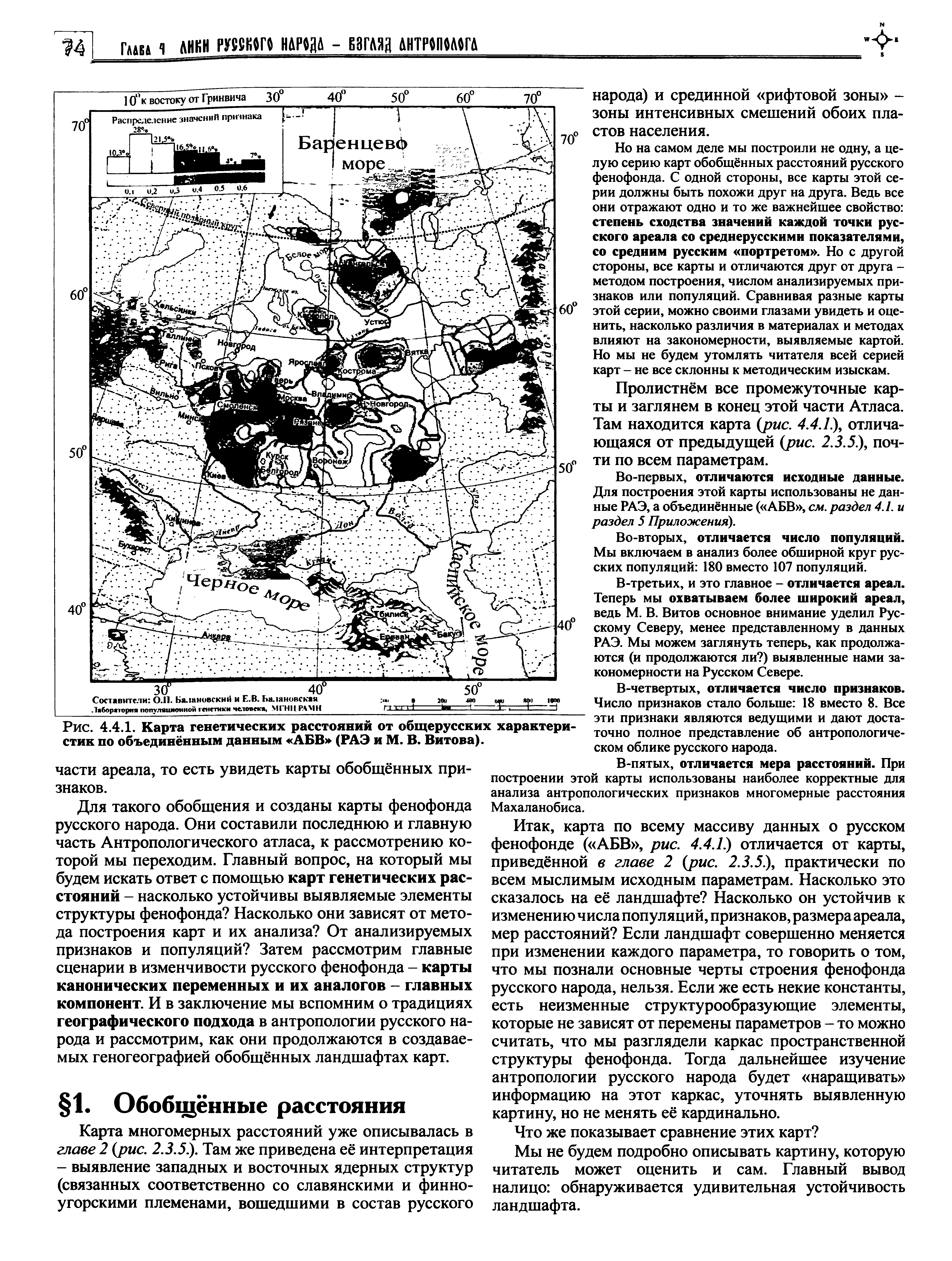 Рис. 4.4.1. Карта генетических расстояний от общерусских характеристик по объединённым данным АБВ (РАЭ и М. В. Витова).