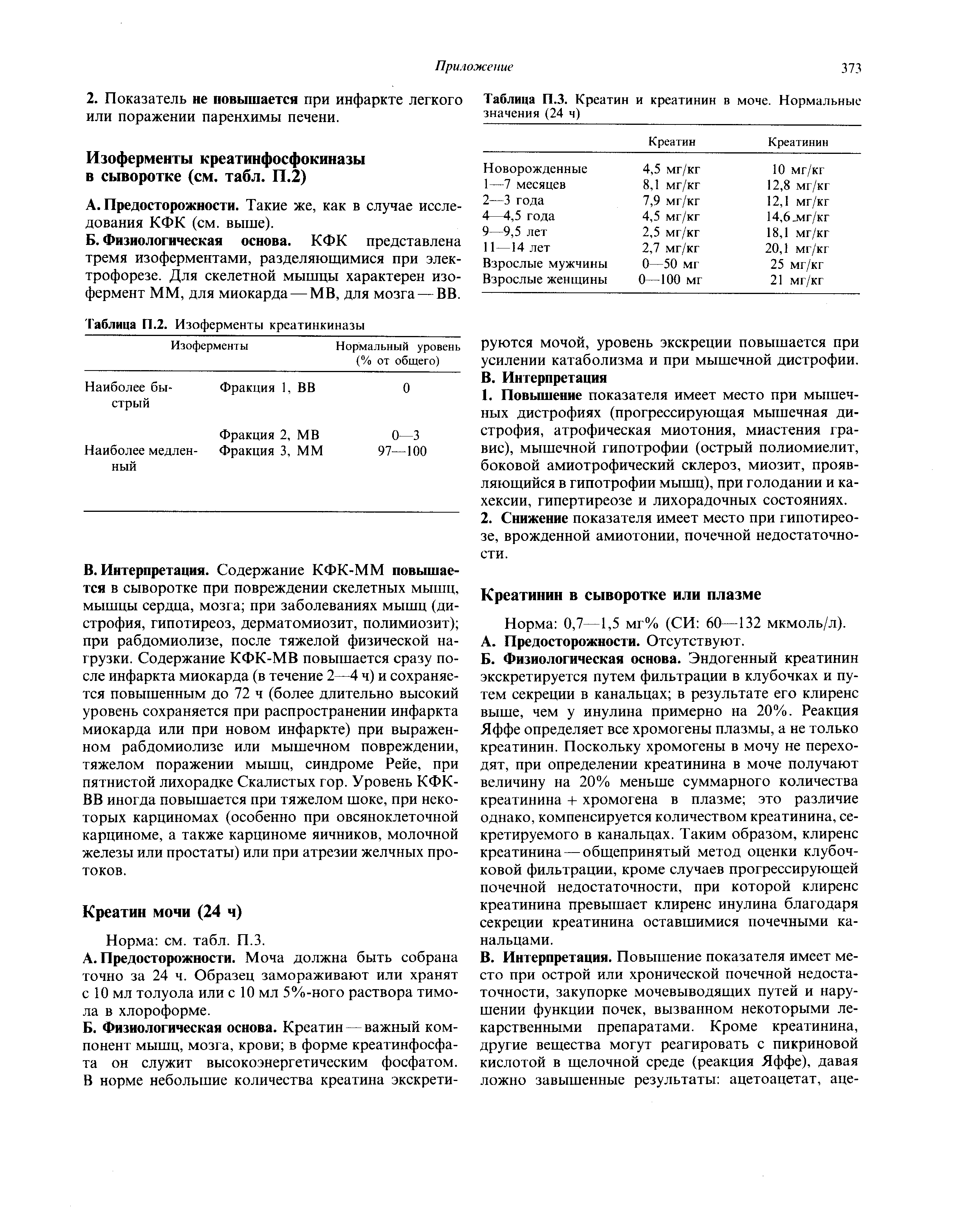 Таблица П.З. Креатин и креатинин в моче. Нормальные значения (24 ч)...