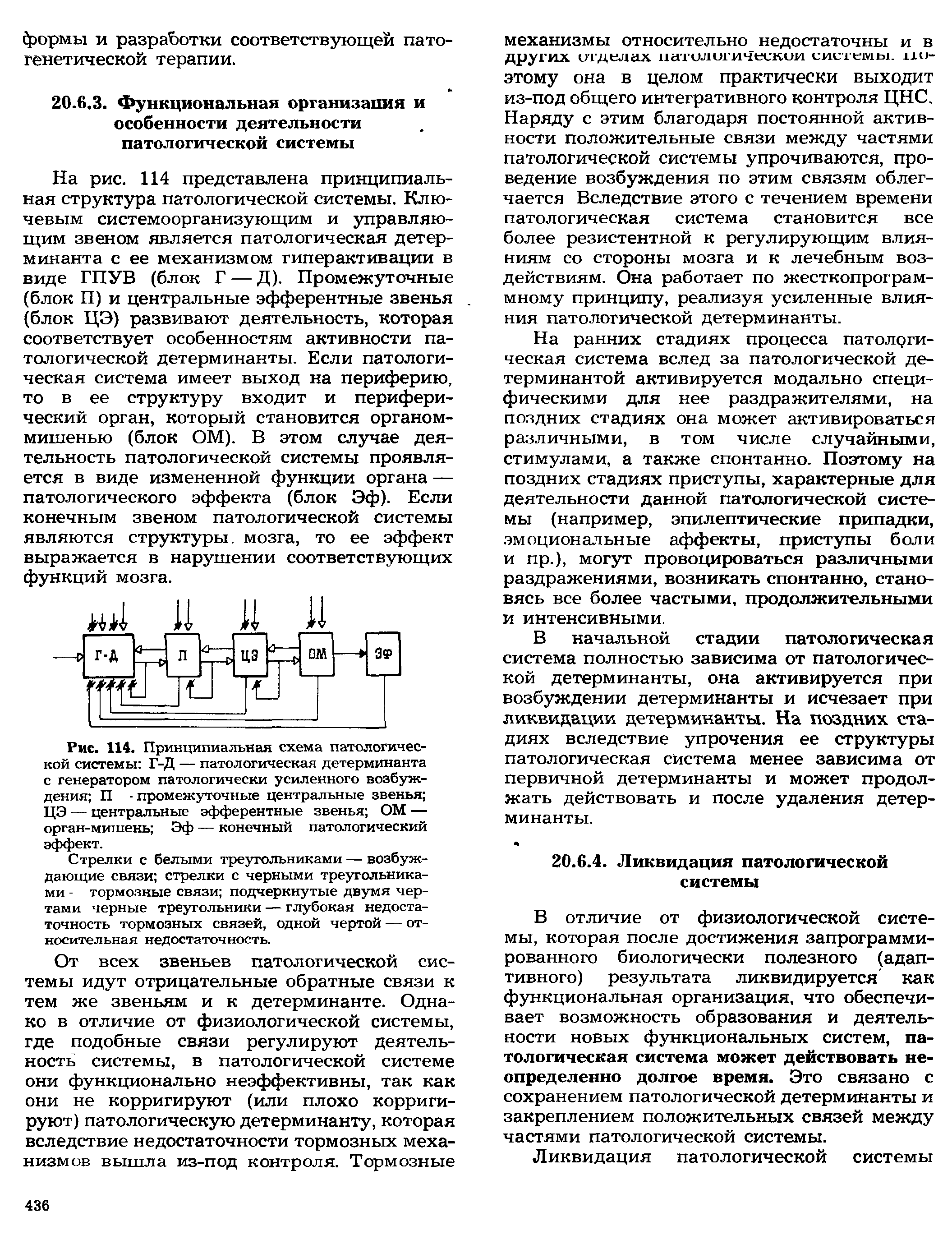 Рис. 114. Принципиальная схема патологической системы Г-Д — патологическая детерминанта с генератором патологически усиленного возбуждения П - промежуточные центральные звенья ЦЭ — центральные эфферентные звенья ОМ — орган-мишень Эф — конечный патологический эффект.