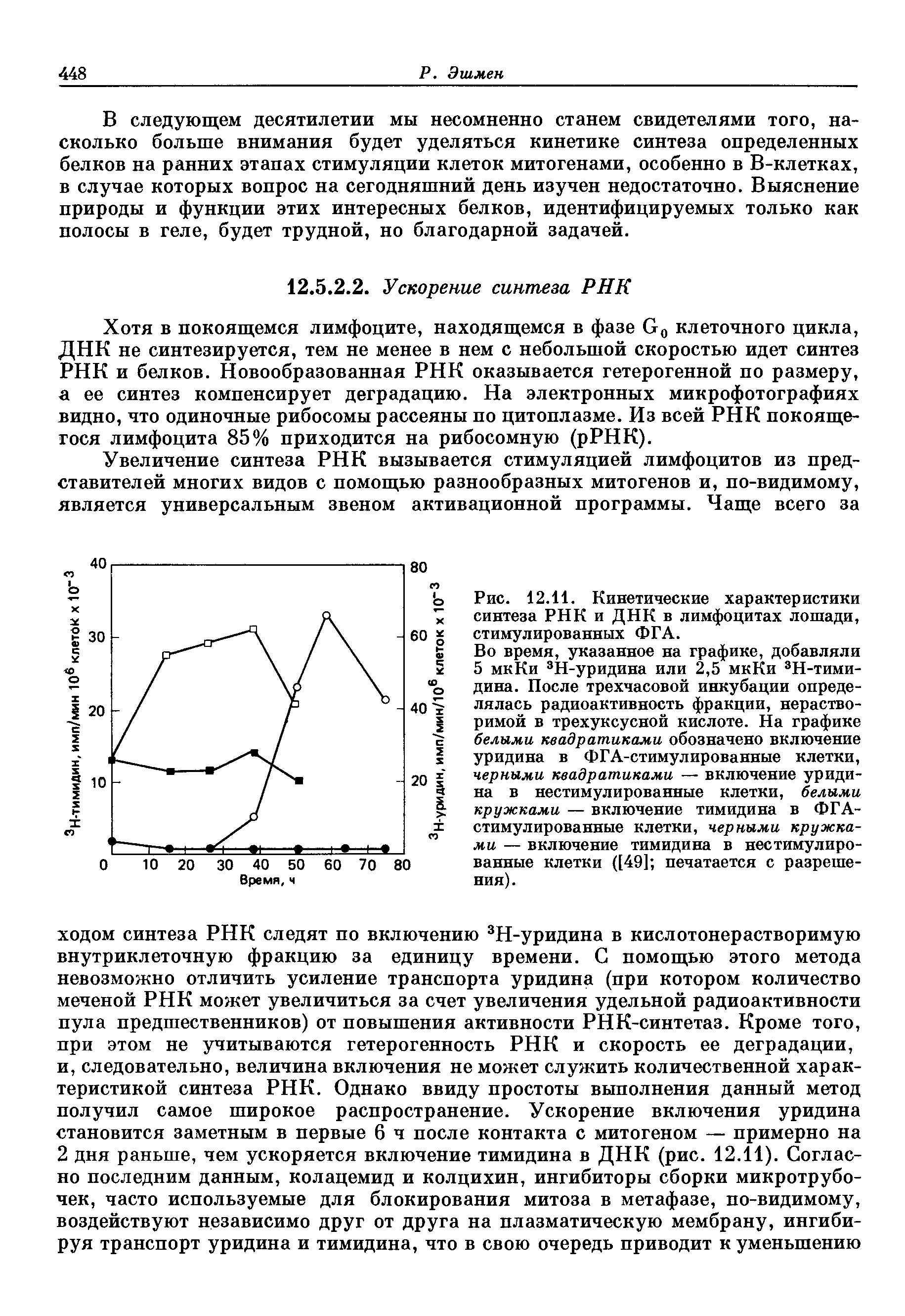 Рис. 12.11. Кинетические характеристики синтеза РНК и ДНК в лимфоцитах лошади, стимулированных ФГА.