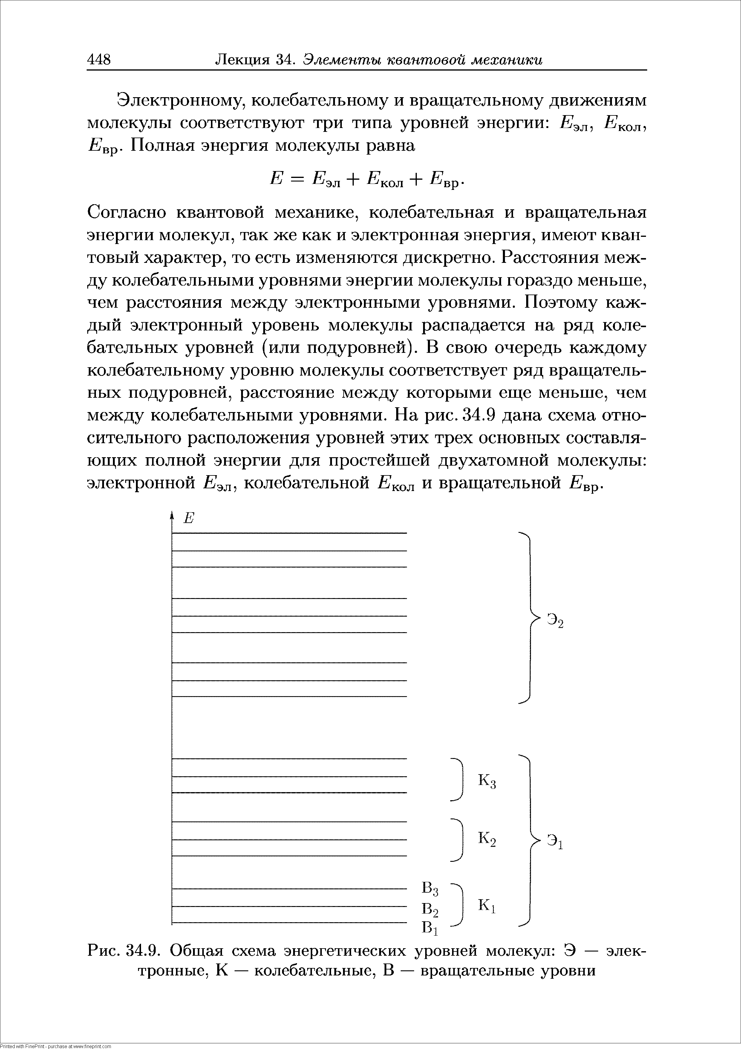 Рис. 34.9. Общая схема энергетических уровней молекул Э — электронные, К — колебательные, В — вращательные уровни...