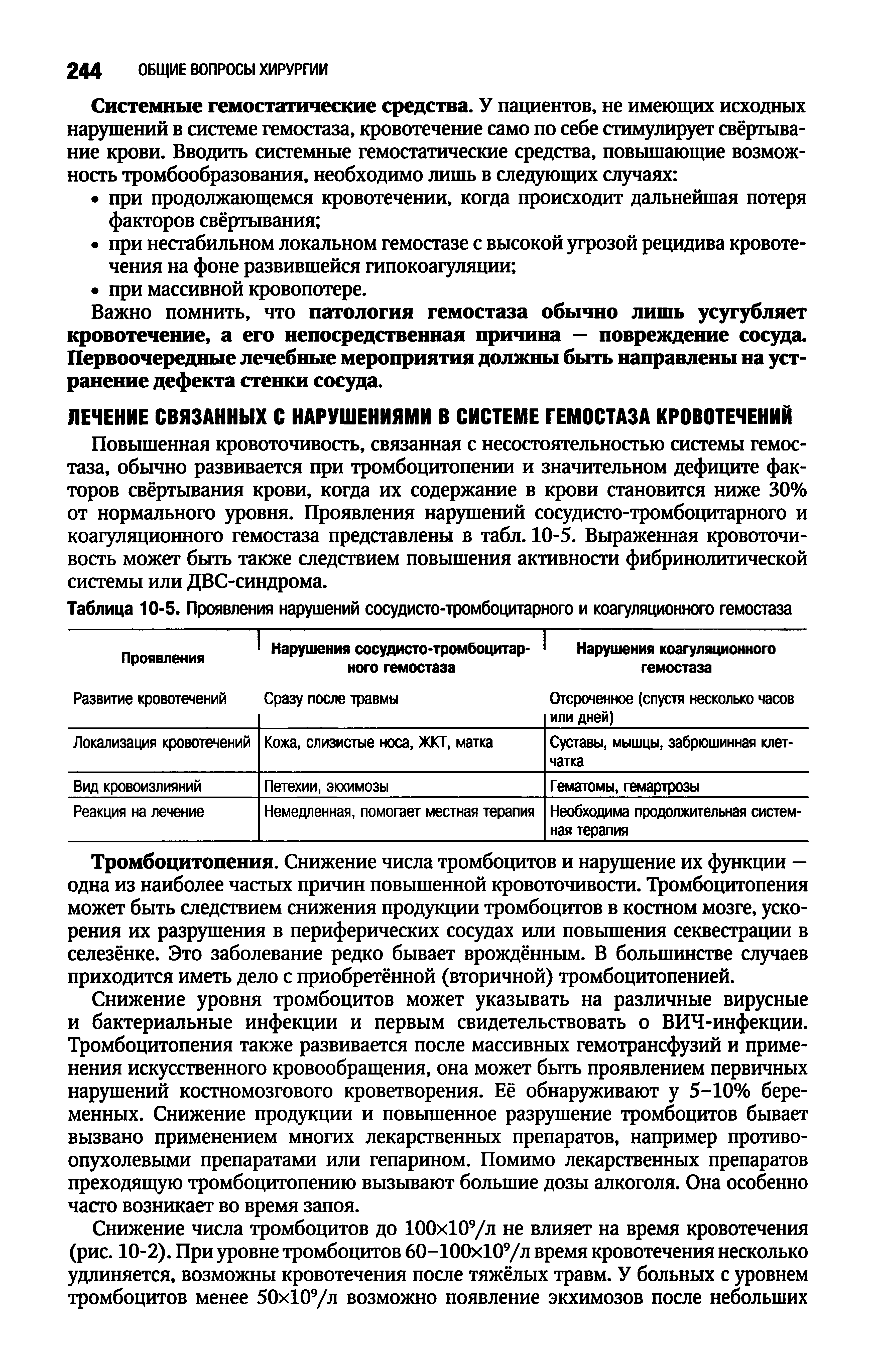 Таблица 10-5. Проявления нарушений сосудисто-тромбоцитарного и коагуляционного гемостаза...