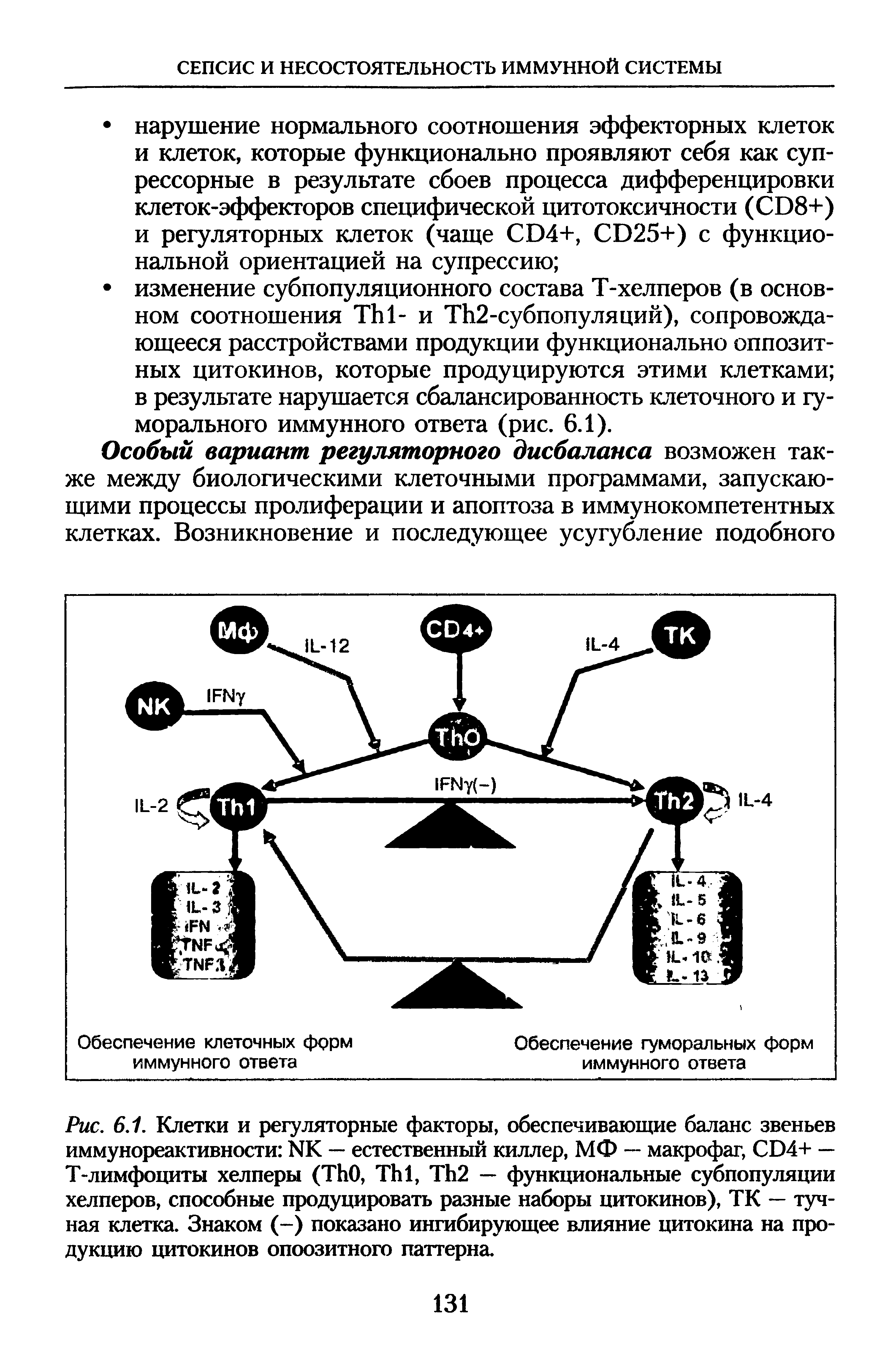 Рис. 6.1. Клетки и регуляторные факторы, обеспечивающие баланс звеньев иммунореактивности ИК — естественный киллер, МФ — макрофаг, СО4+ — Т-лимфоциты хелперы (ТЬО, ТЬ1, ТЬ2 — функциональные субпопуляции хелперов, способные продуцировать разные наборы цитокинов), ТК — тучная клетка. Знаком (-) показано ингибирующее влияние цитокина на продукцию цитокинов опоозитного паттерна.