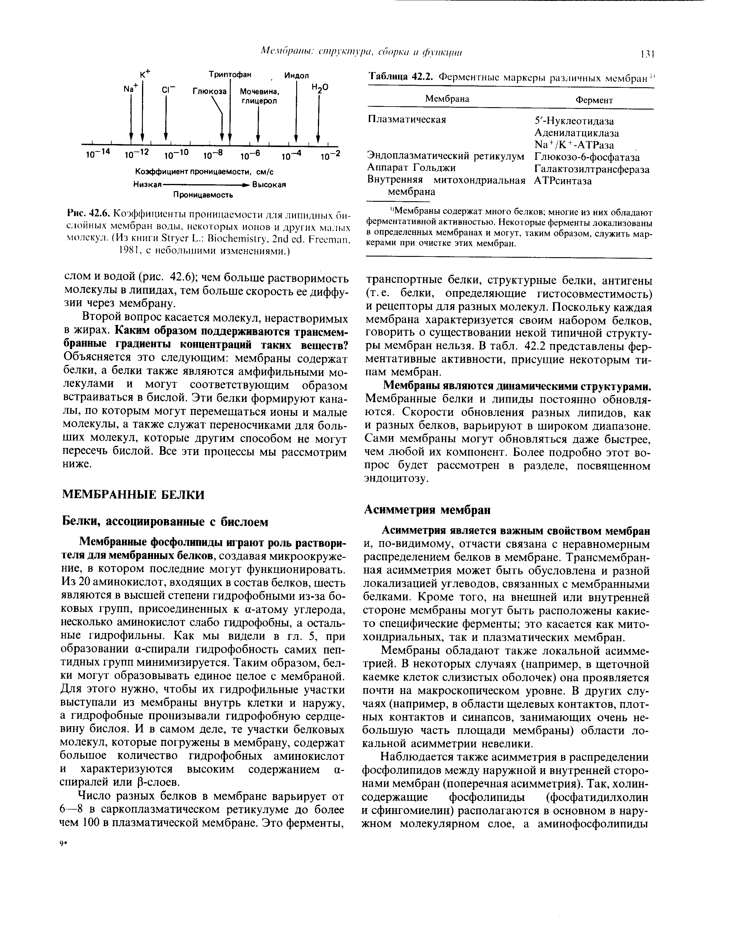 Рис. 42.6. Коэффициенты проницаемости для липидных бислойных мембран воды, некоторых ионов и других малых молекул. (Из книги S L. B . 2 . F . 1981, с небольшими изменениями.)...