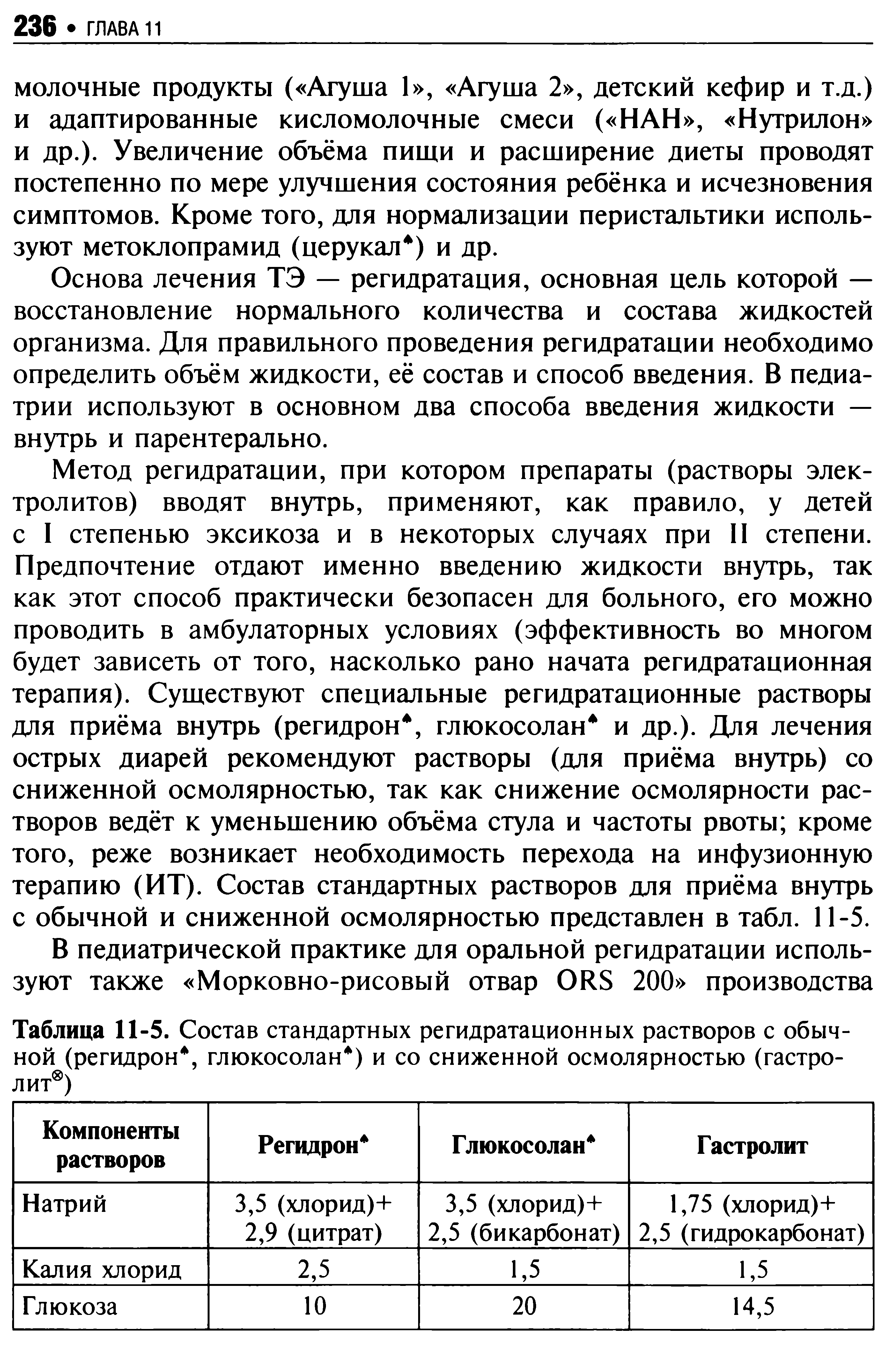 Таблица 11-5. Состав стандартных регидратационных растворов с обычной (регидрон, глюкосолан ) и со сниженной осмолярностью (гастролит )...