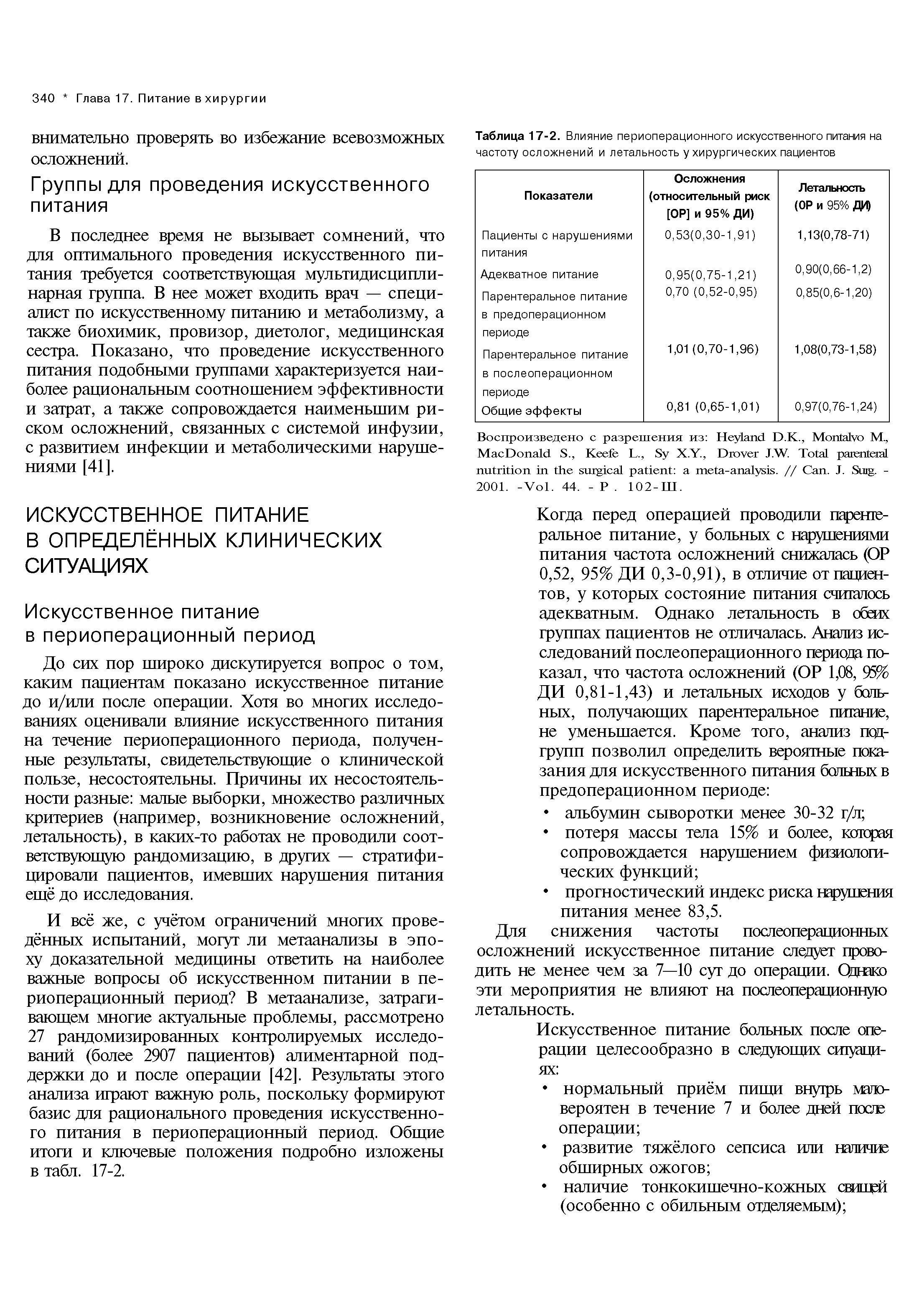 Таблица 17-2. Влияние периоперационного искусственного питания на частоту осложнений и летальность у хирургических пациентов...