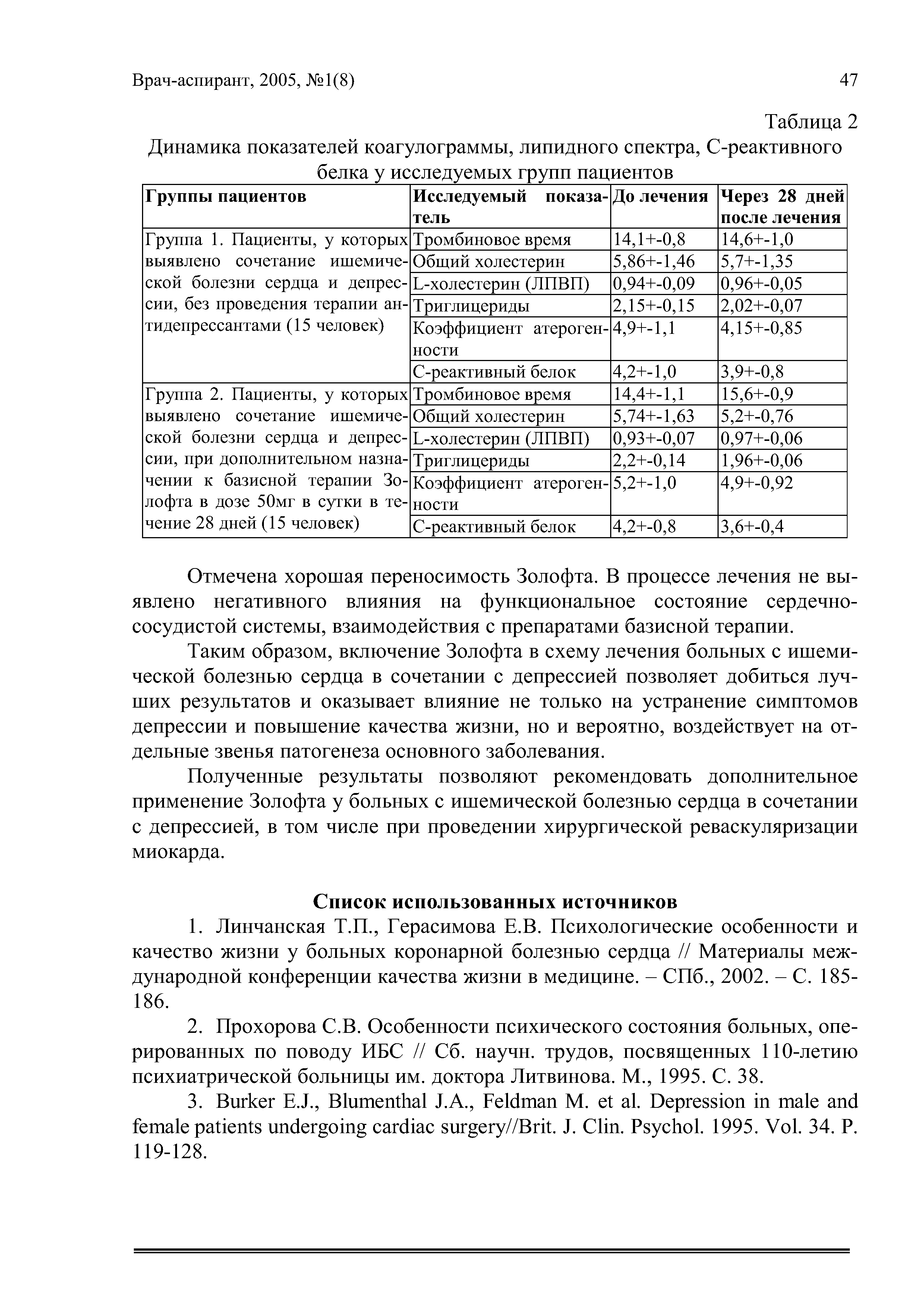 Таблица 2 Динамика показателей коагулограммы, липидного спектра, С-реактивного белка у исследуемых групп пациентов...