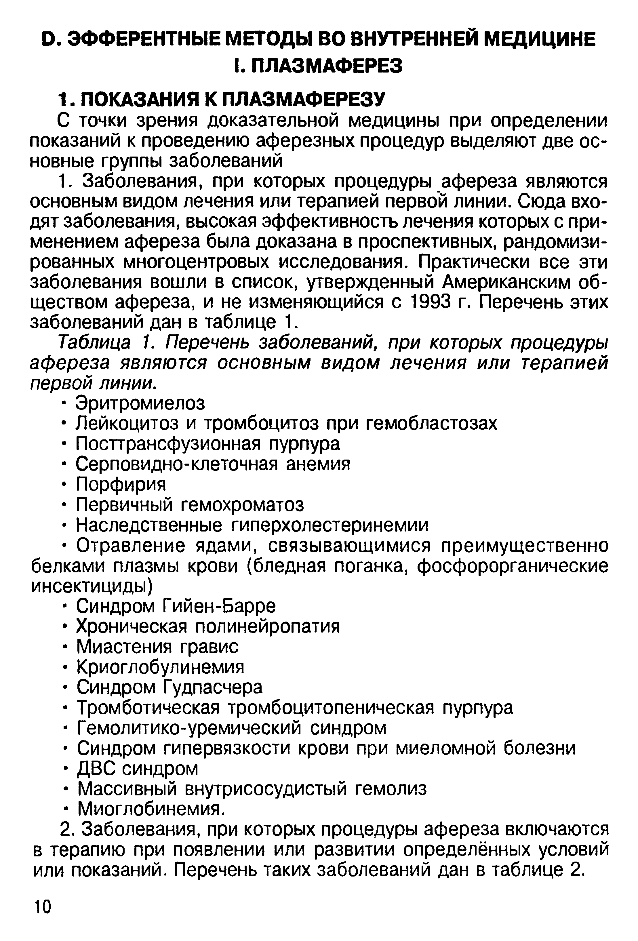 Таблица 1. Перечень заболеваний, при которых процедуры афереза являются основным видом лечения или терапией первой линии.