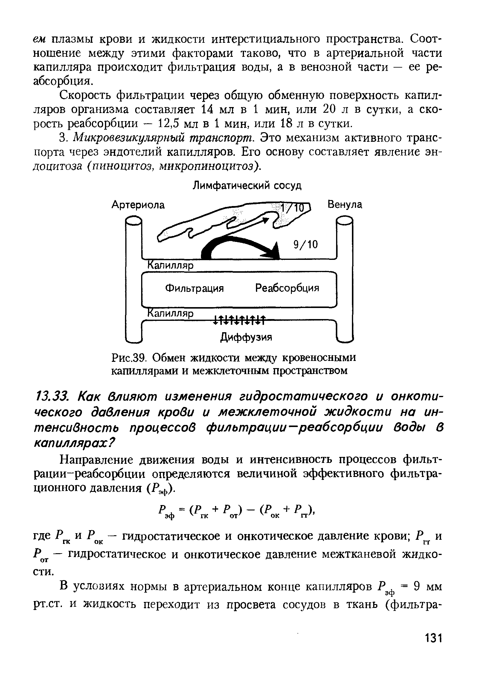 Рис.39. Обмен жидкости между кровеносными капиллярами и межклеточным пространством...