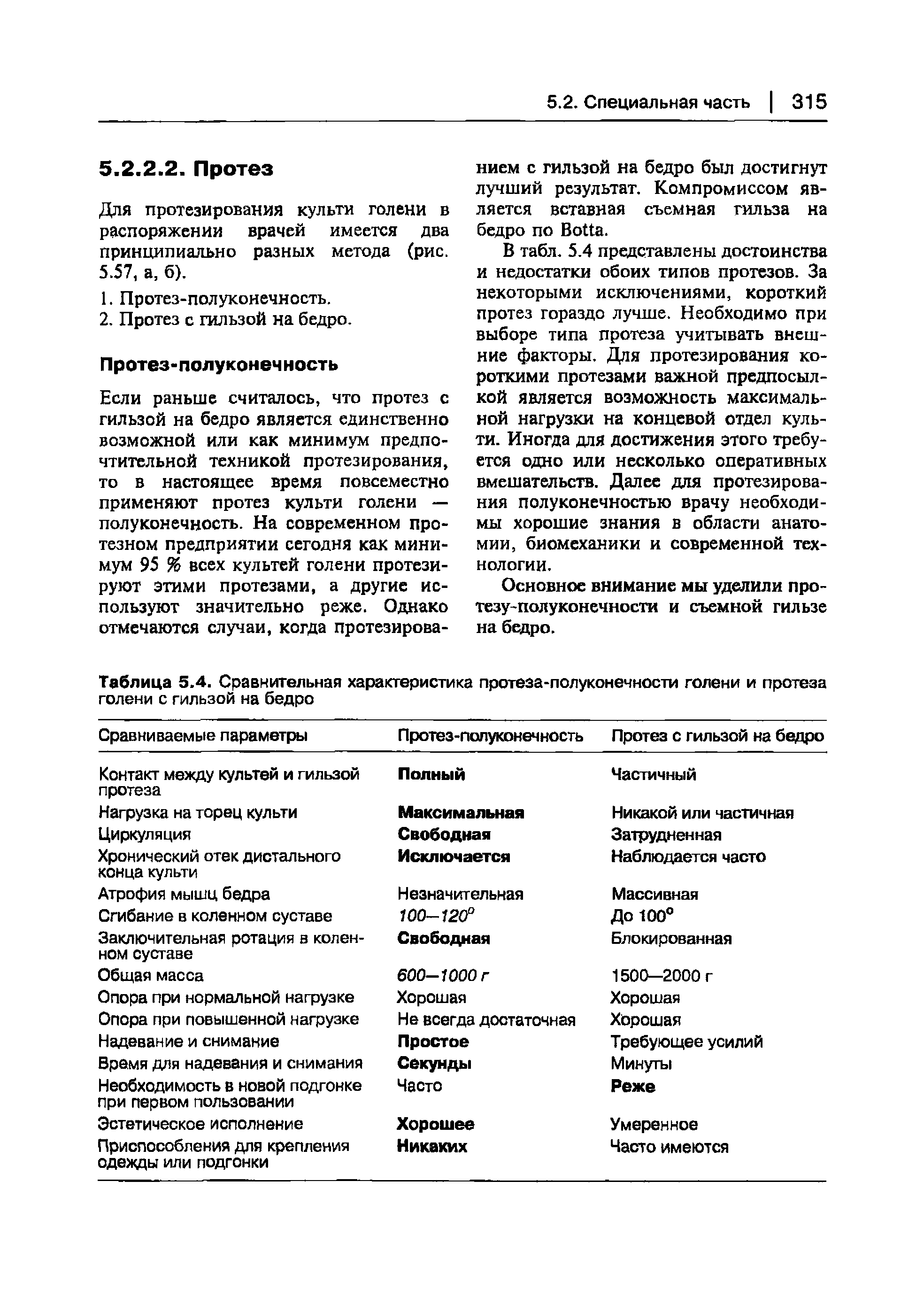 Таблица 5.4. Сравнительная характеристика протеза-полуконечности голени и протеза голени с гильзой на бедро...