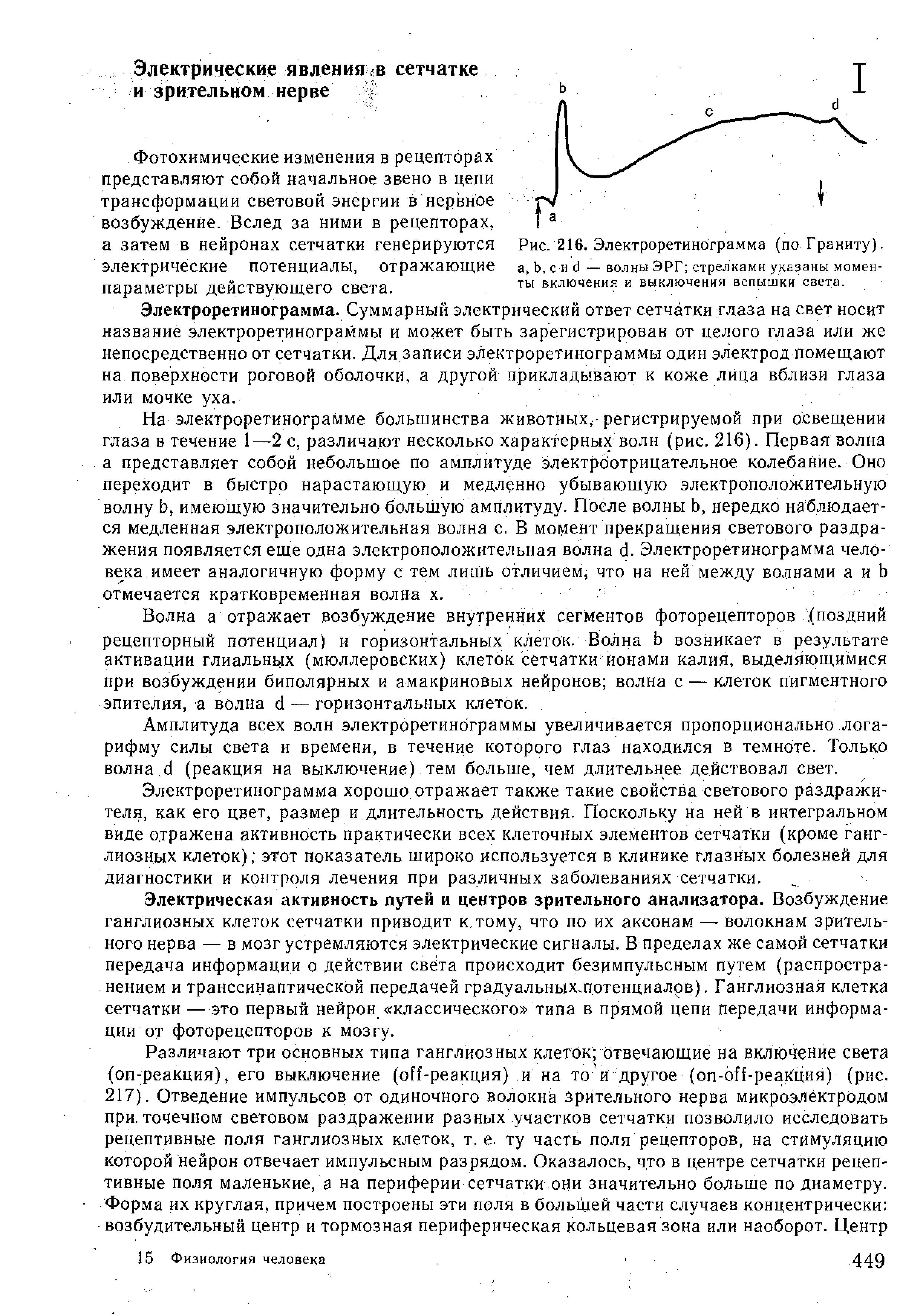 Рис. 216. Электроретинограмма (по Граниту), а, Ъ, с и с — волны ЭРГ стрелками указаны моменты включения и выключения вспышки света.