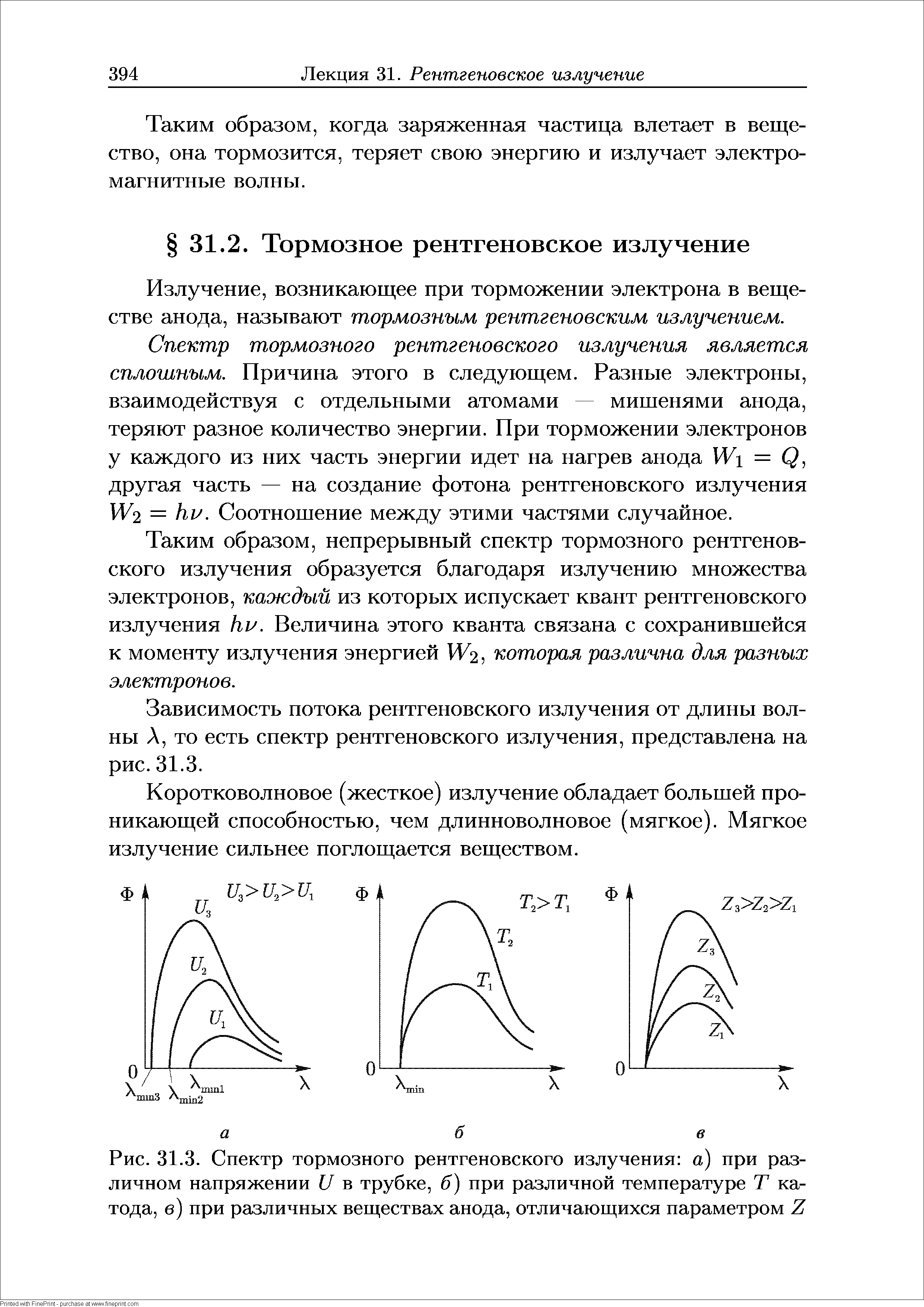 Рис. 31.3. Спектр тормозного рентгеновского излучения а) при различном напряжении и в трубке, б) при различной температуре Т катода, в) при различных веществах анода, отличающихся параметром Я...