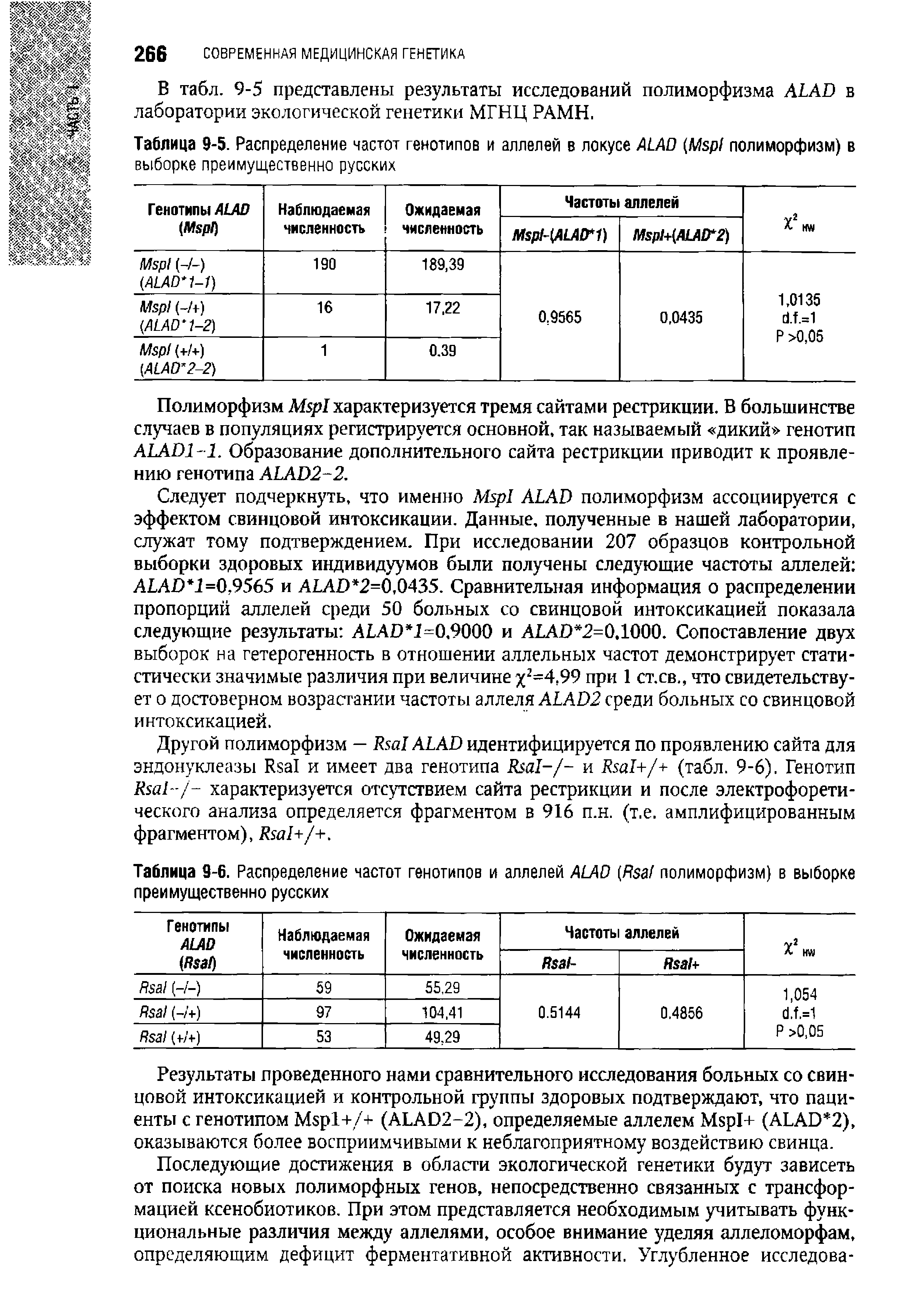 Таблица 9-5. Распределение частот генотипов и аллелей в локусе ALAD (M I полиморфизм) в выборке преимущественно русских...