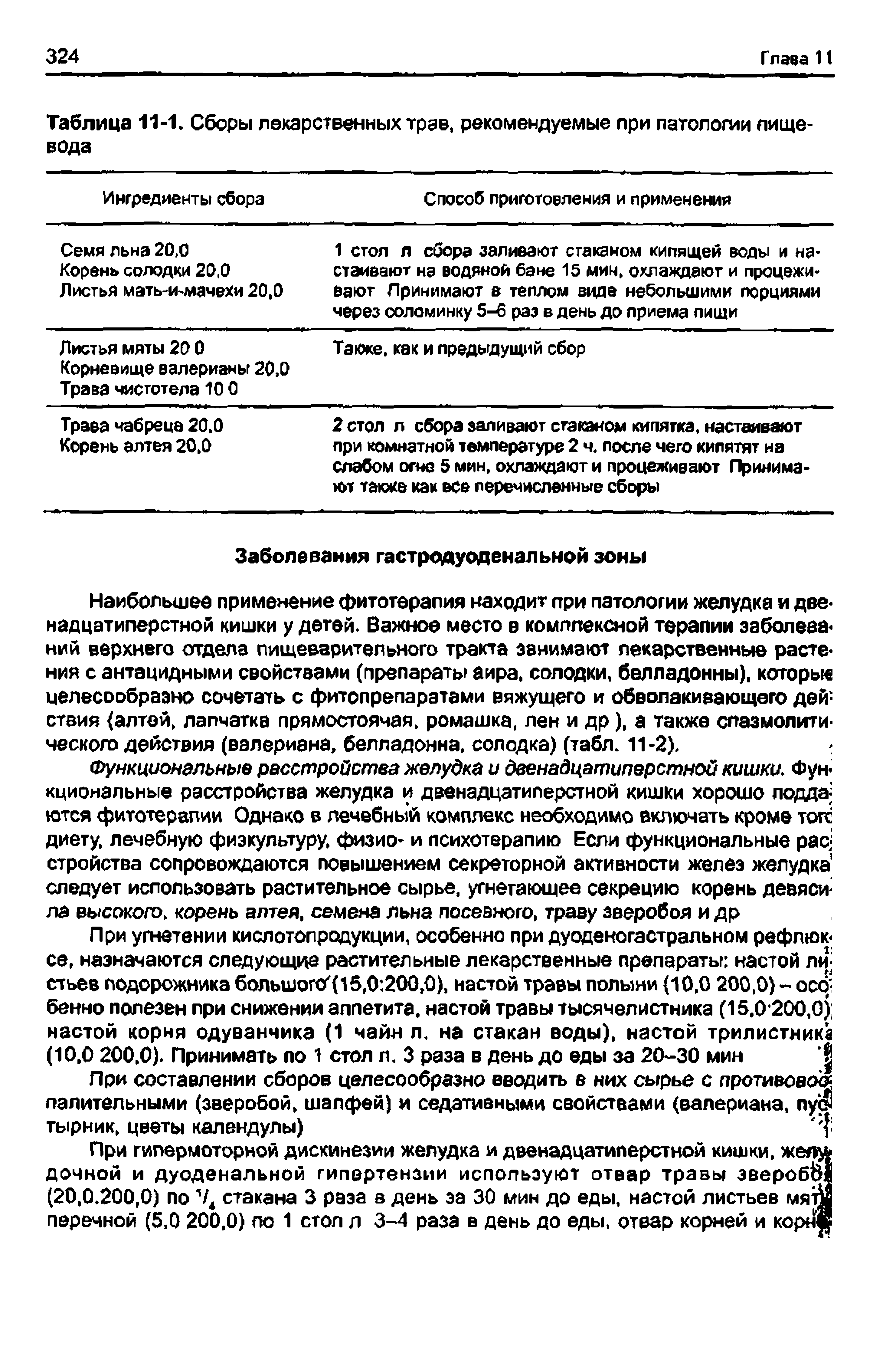 Таблица 11-1, Сборы лекарственных трав, рекомендуемые при патологии пищевода ...