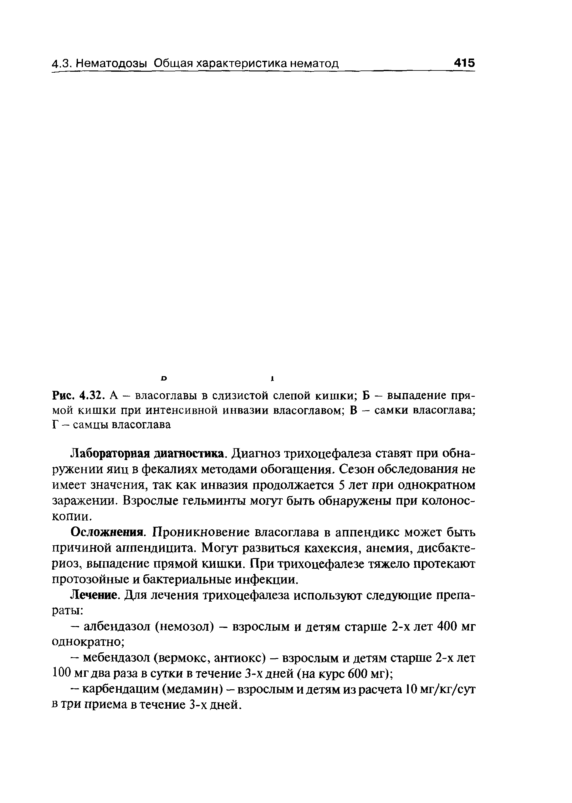 Рис. 4.32. А — власоглавы в слизистой слепой кишки Б — выпадение прямой кишки при интенсивной инвазии власоглавом В — самки власоглава Г — самцы власоглава...