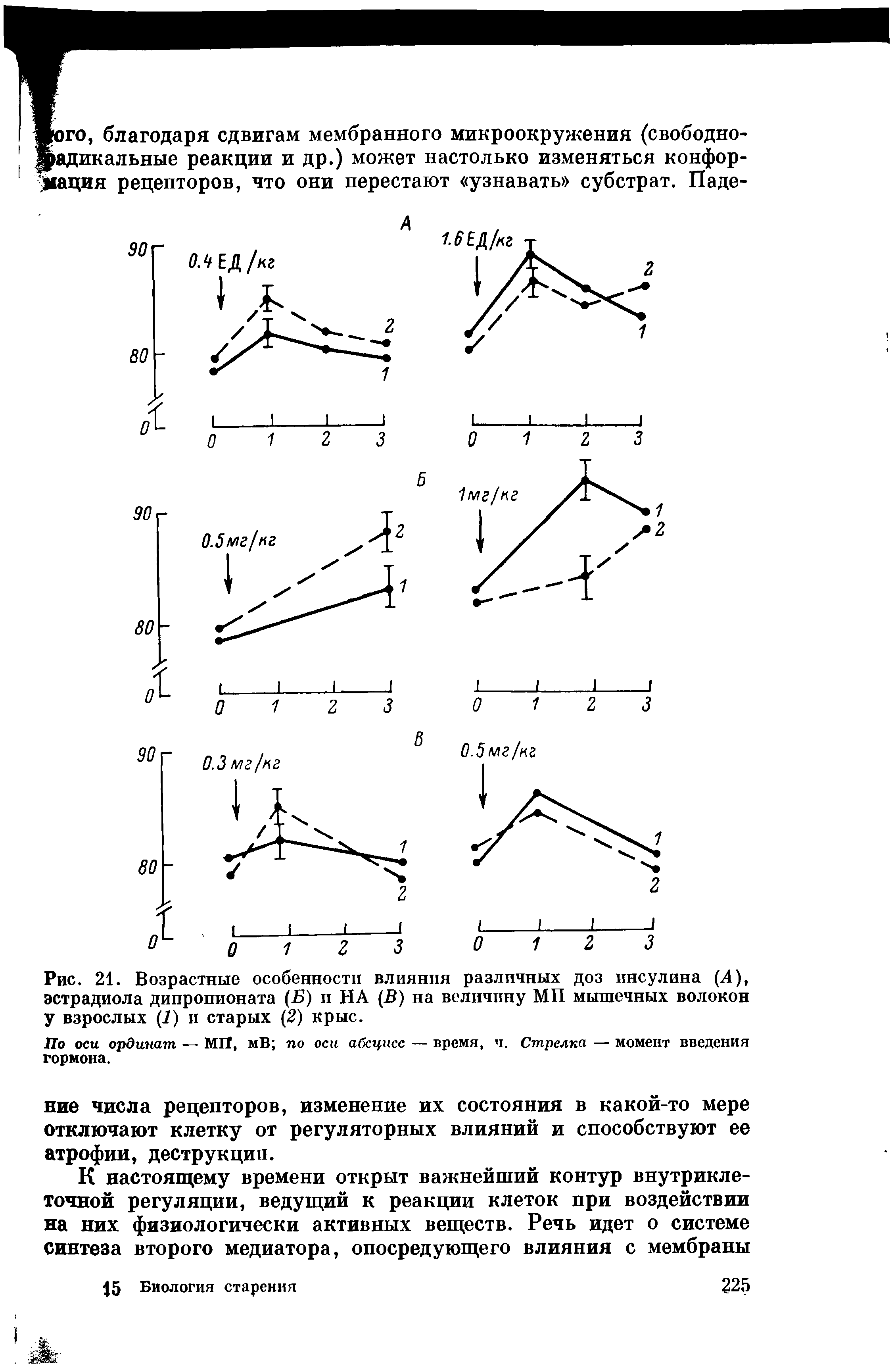 Рис. 21. Возрастные особенности влияния различных доз инсулина (4), эстрадиола дипропионата (Б) и НА (В) на величину МП мышечных волокон у взрослых (7) и старых (2) крыс.