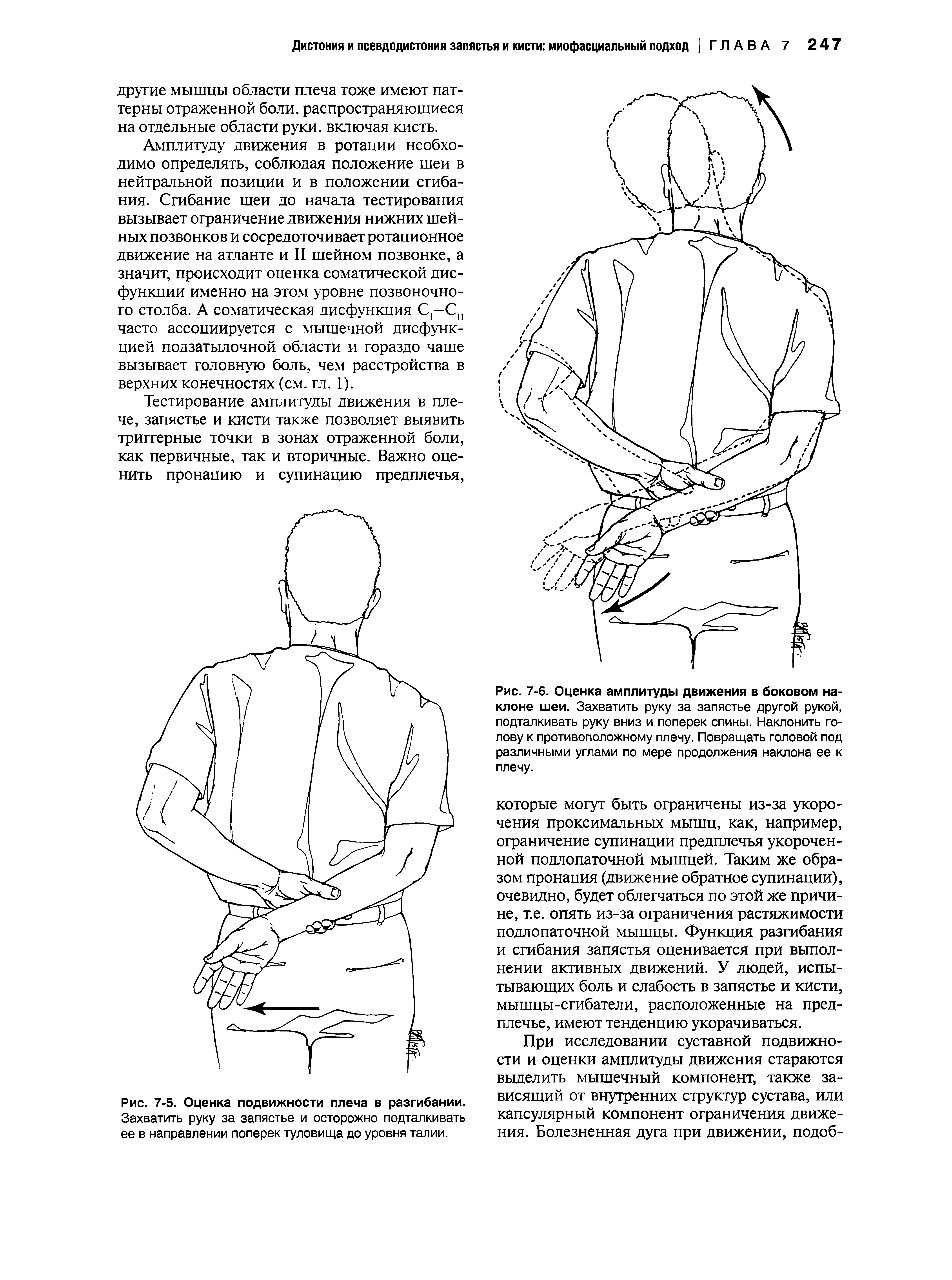 Рис. 7-6. Оценка амплитуды движения в боковом наклоне шеи. Захватить руку за запястье другой рукой, подталкивать руку вниз и поперек спины. Наклонить голову к противоположному плечу. Повращать головой под различными углами по мере продолжения наклона ее к плечу.