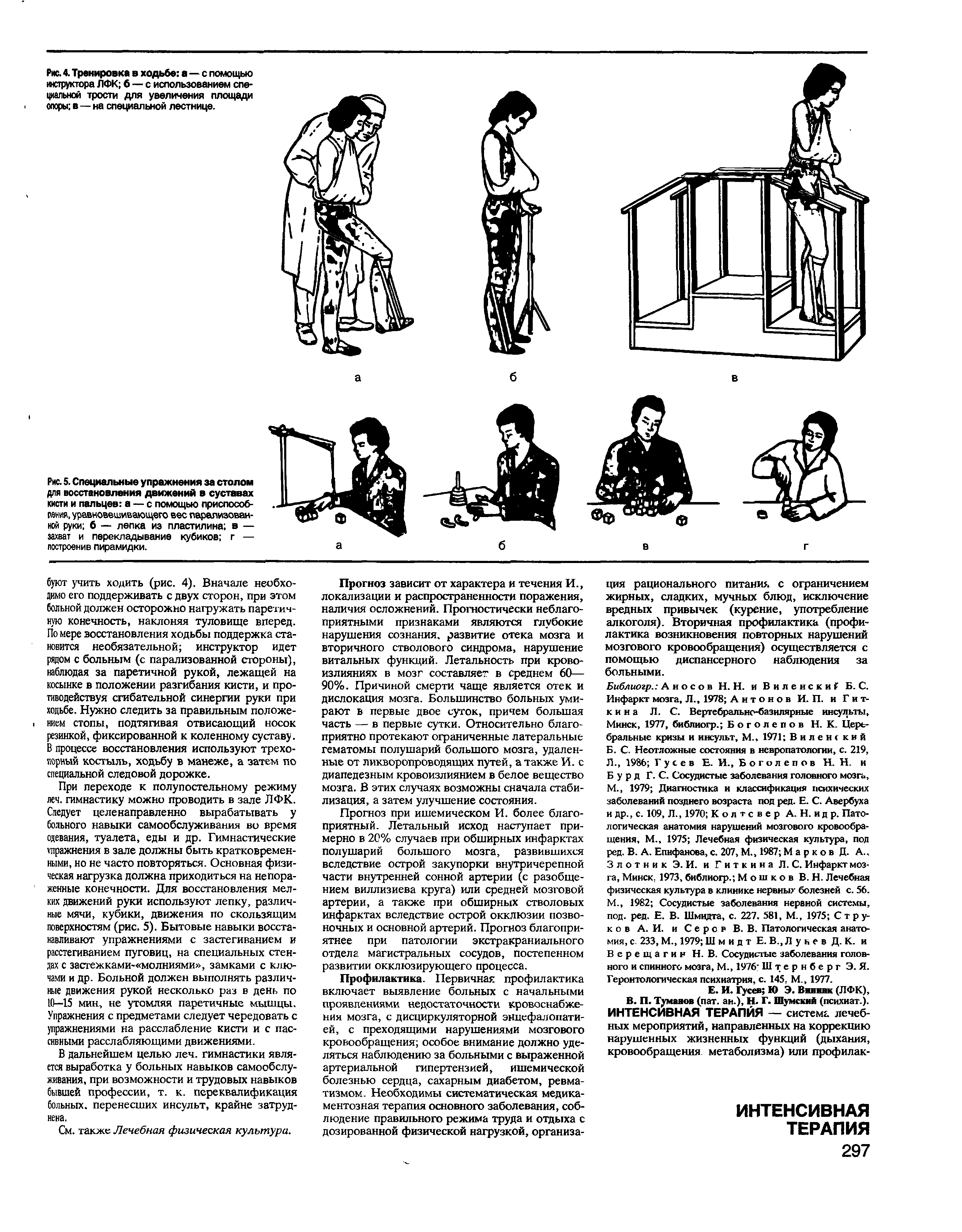 Рис. 5. Специальные упражнения за столом для восстановления движений в суставах кисти и пальцев а — с помощью приспособления, уравновешивающего вес парализованной руки б — лепка из пластилина в — захват и перекладывание кубиков г — построение пирамидки.