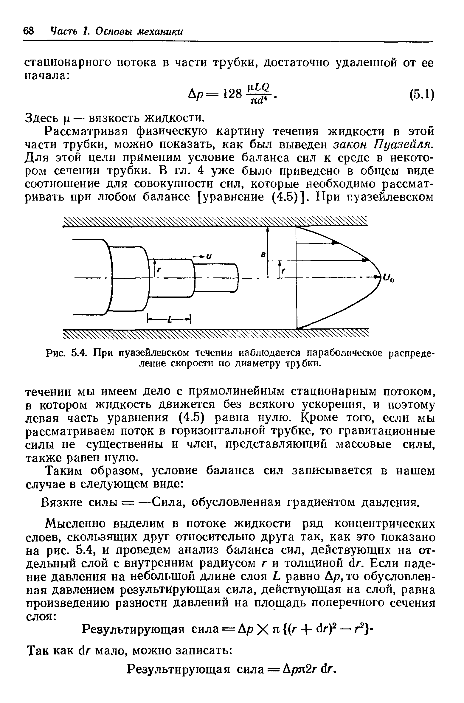 Рис. 5.4. При пуазейлевском течении наблюдается параболическое распределение скорости по диаметру трубки.