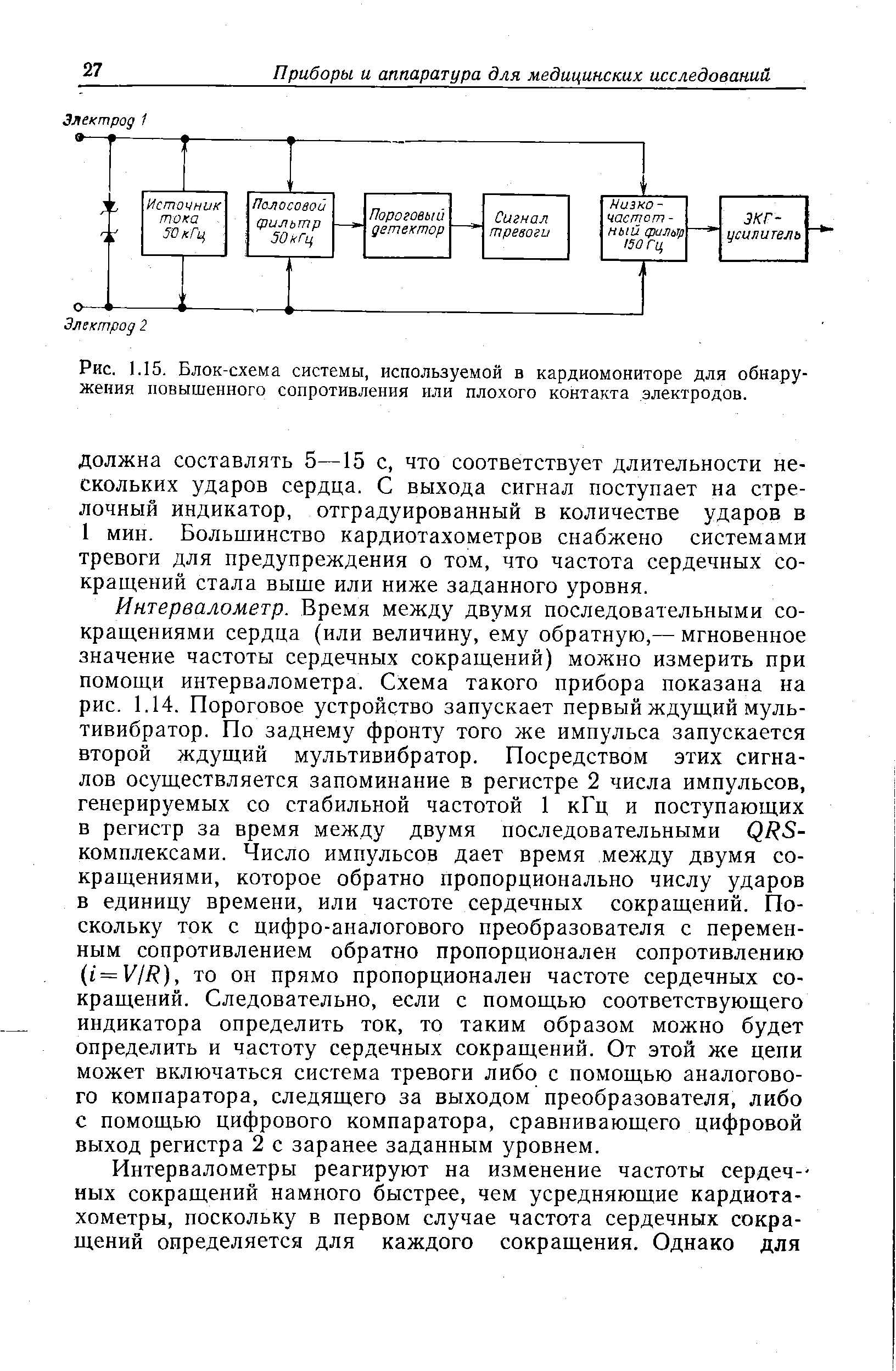 Рис. 1.15. Блок-схема системы, используемой в кардиомониторе для обнаружения повышенного сопротивления или плохого контакта электродов.