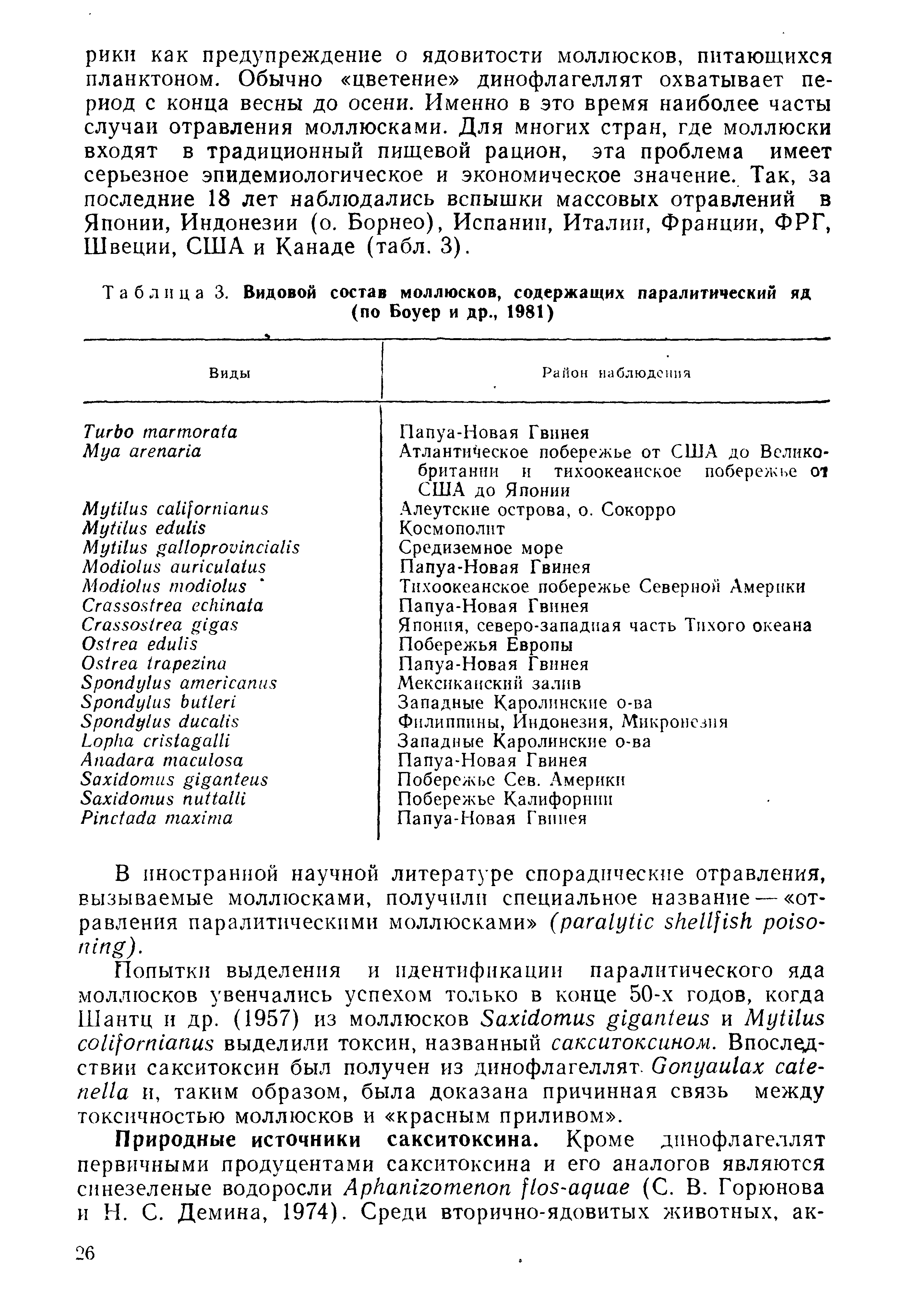 Таблица 3. Видовой состав моллюсков, содержащих паралитический яд (по Боуер и др., 1981)...
