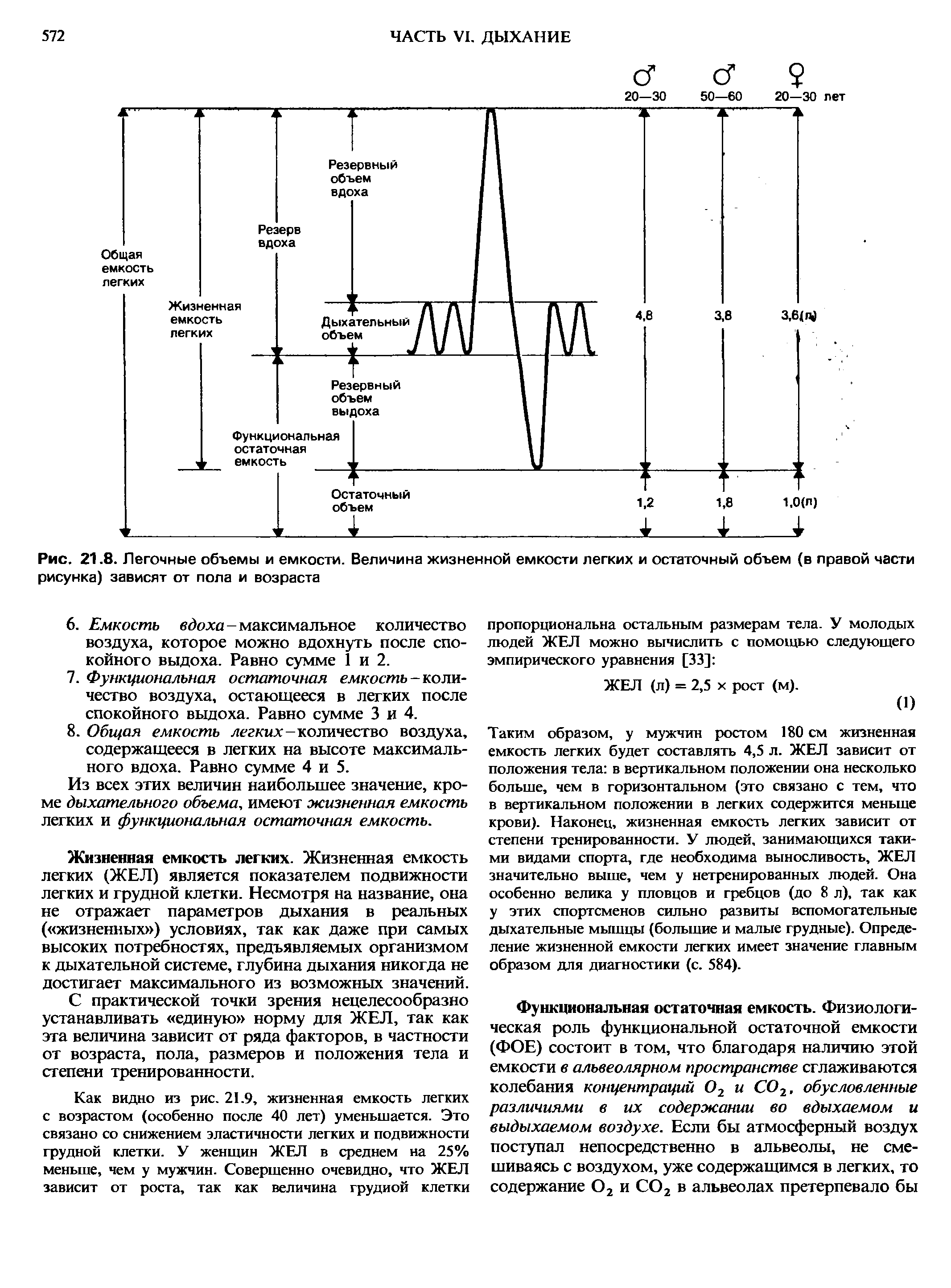 Рис. 21.8. Легочные объемы и емкости. Величина жизненной емкости легких и остаточный объем (в правой части рисунка) зависят от пола и возраста...