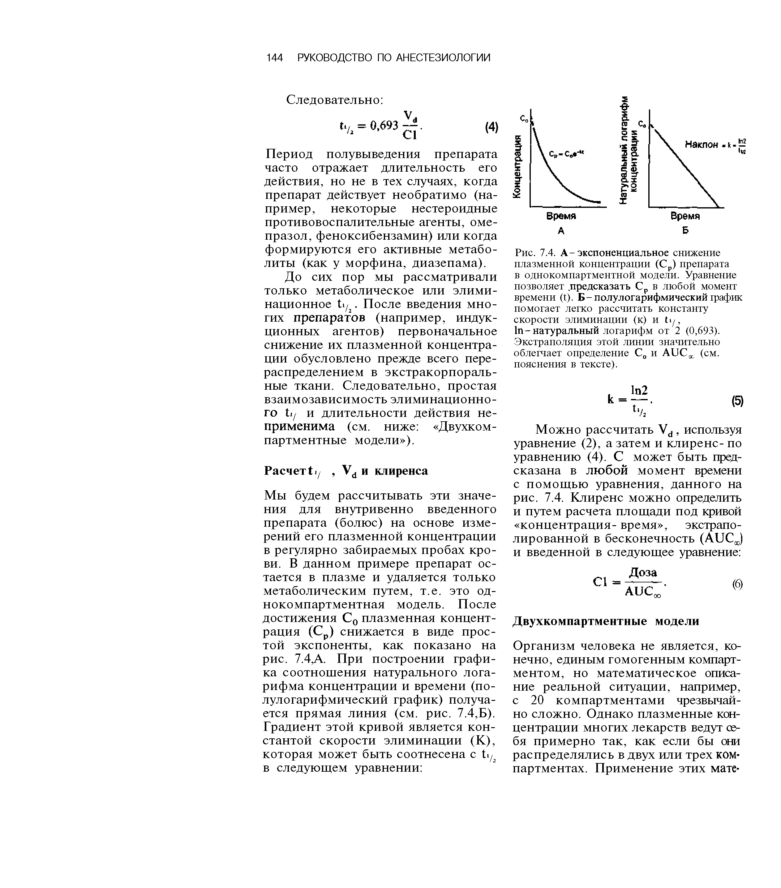 Рис. 7.4. А-экспоненциальное снижение плазменной концентрации (Ср) препарата в однокомпартментной модели. Уравнение позволяет. предсказать Ср в любой момент времени (I). Б-полулогарифмический график помогает легко рассчитать константу скорости элиминации (к) и 11/, 1п-натуральный логарифм от 2 (0,693). Экстраполяция этой линии значительно облегчает определение Со и АЬСУ (см. пояснения в тексте).