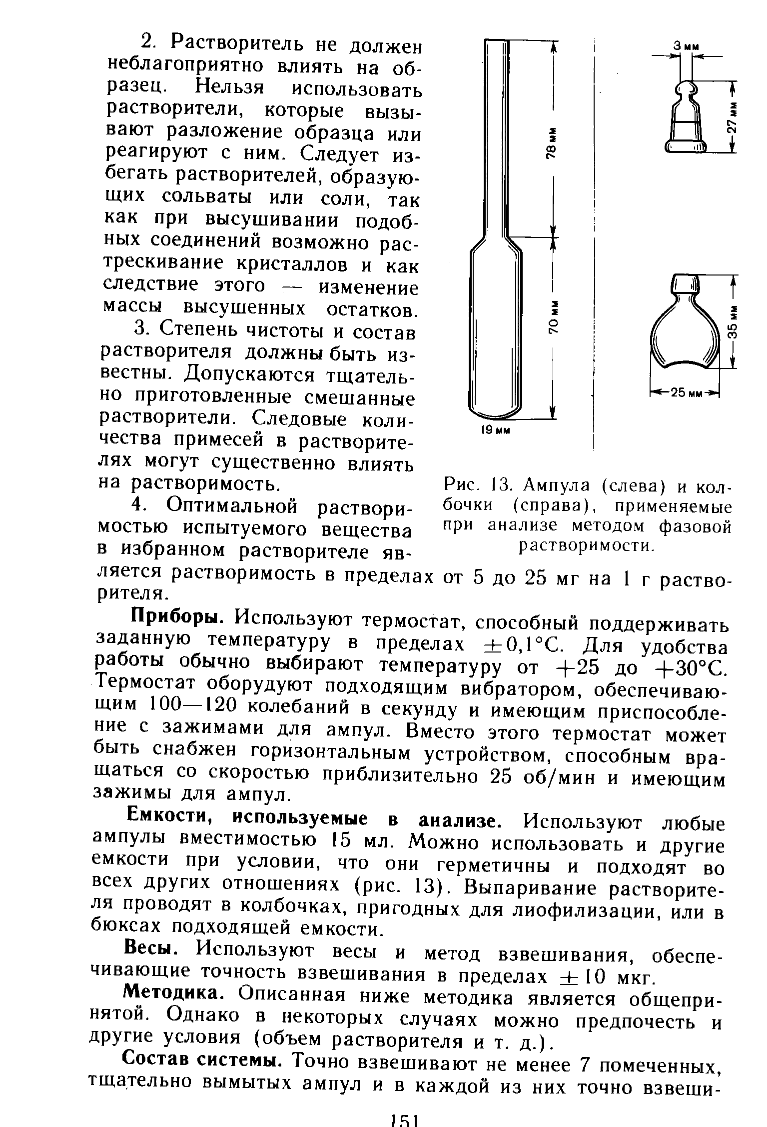 Рис. 13. Ампула (слева) и колбочки (справа), применяемые при анализе методом фазовой растворимости.