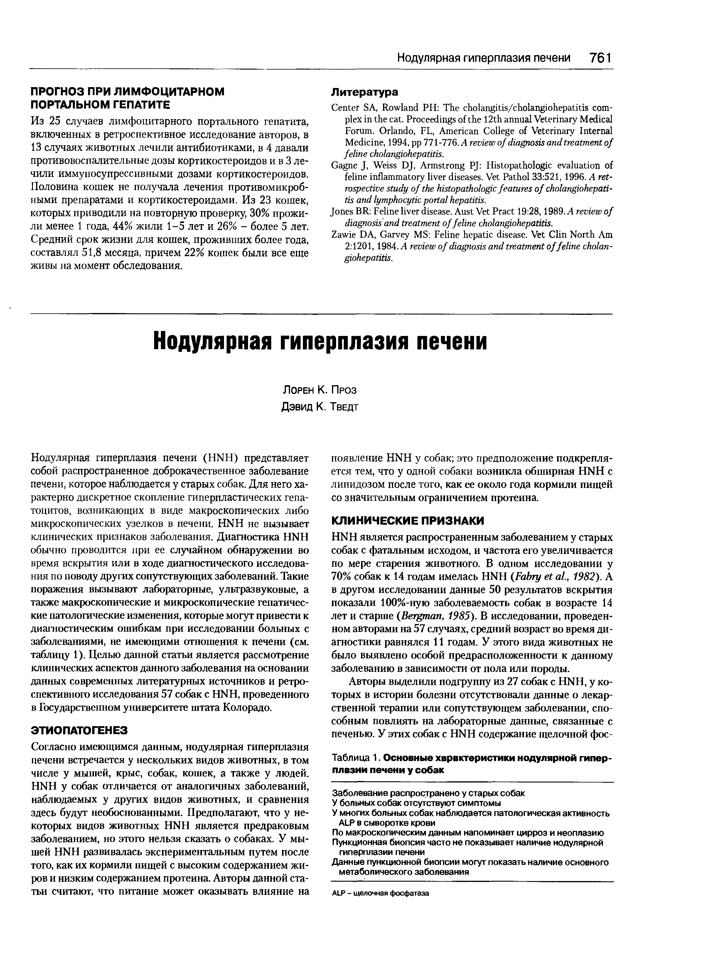 Таблица 1. Основные характеристики нодулярной гиперплазии печени у собак...