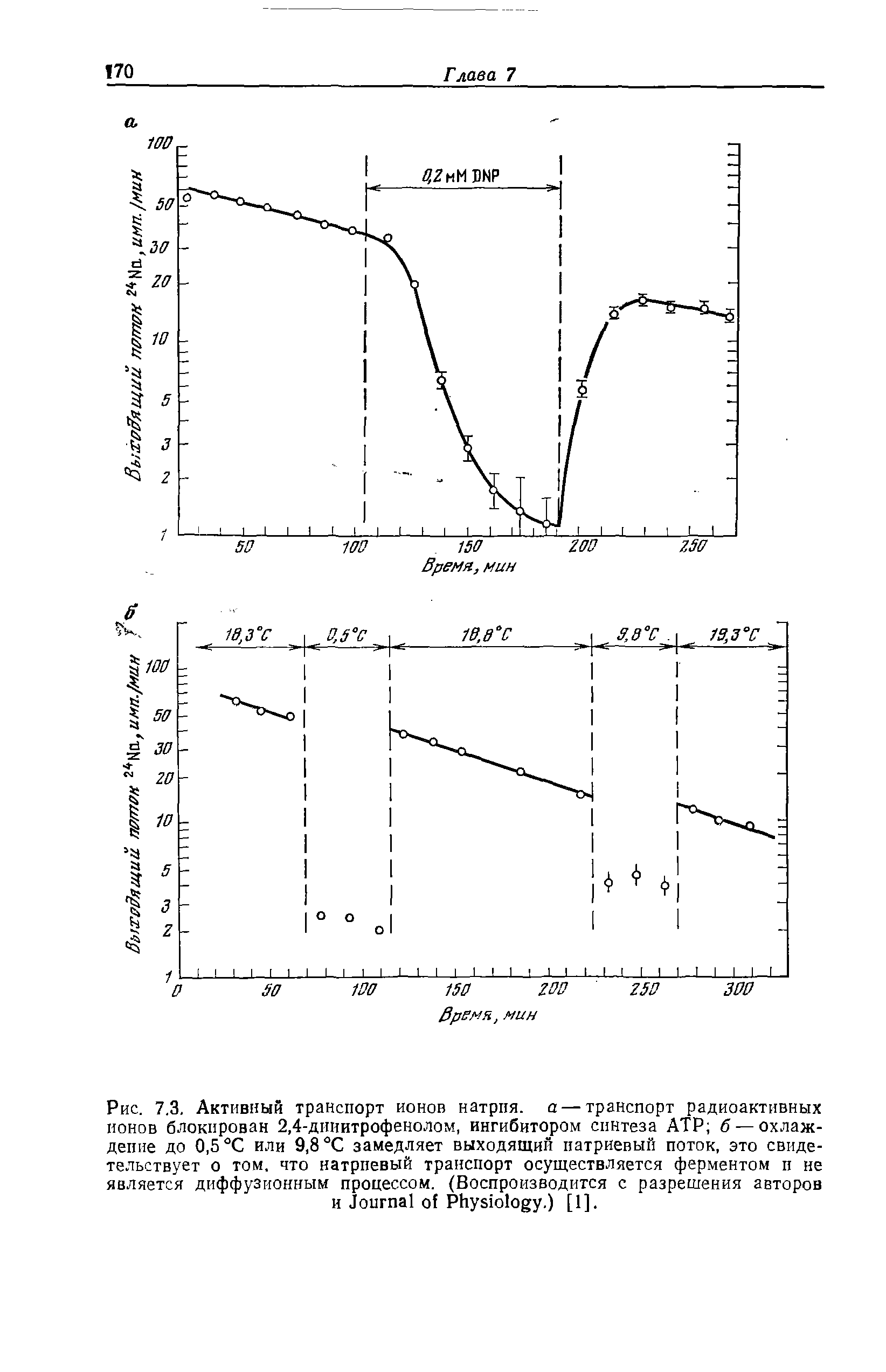Рис. 7.3. Активный транспорт ионов натрпя. а — транспорт радиоактивных ионов блокирован 2,4-дииитрофенолом, ингибитором синтеза АТР б — охлаждение до 0,5 °C или 9,8 °C замедляет выходящий патриевый поток, это свидетельствует о том. что натрпевый транспорт осуществляется ферментом п не является диффузионным процессом. (Воспроизводится с разрешения авторов и J P .) [I].