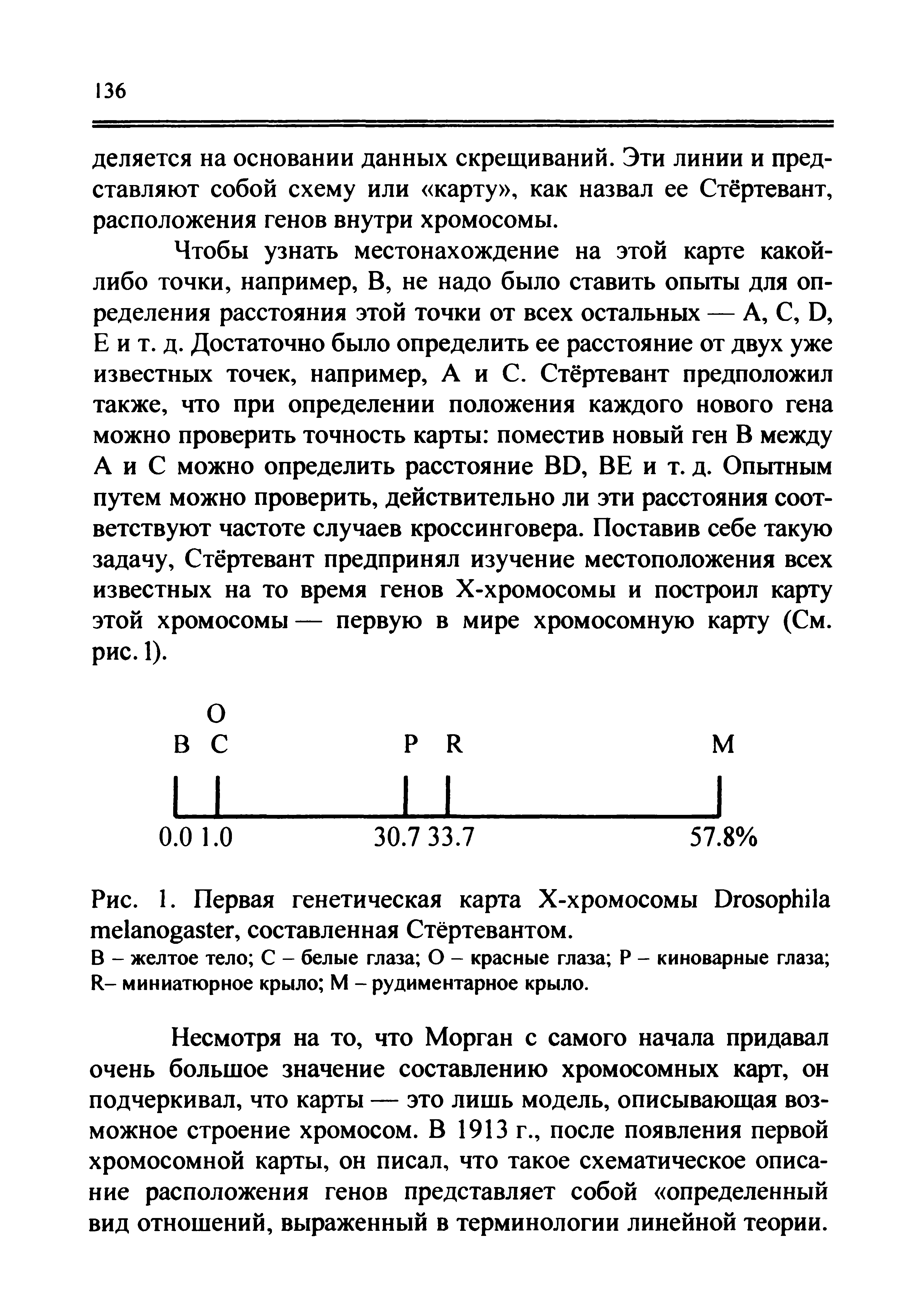 Рис. 1. Первая генетическая карта Х-хромосомы D , составленная Стёртевантом.