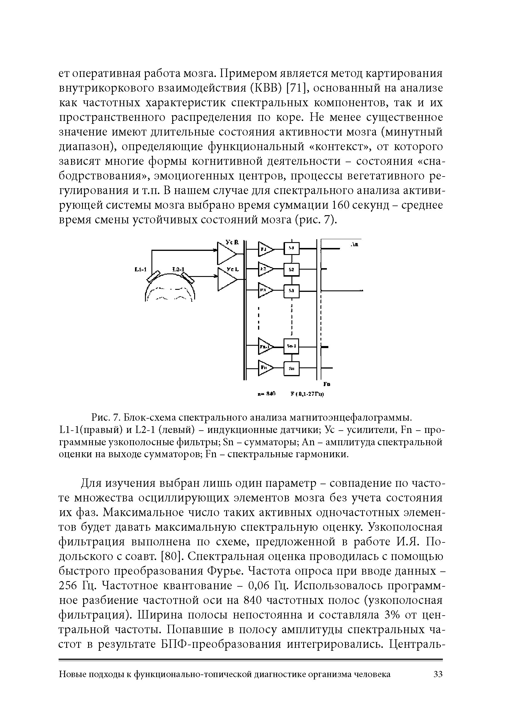 Рис. 7. Блок-схема спектрального анализа магнитоэнцефалограммы. Б1-1(правый) и Б2-1 (левый) - индукционные датчики Ус - усилители, Бп - программные узкополосные фильтры Бп - сумматоры Ап - амплитуда спектральной оценки на выходе сумматоров Бп - спектральные гармоники.