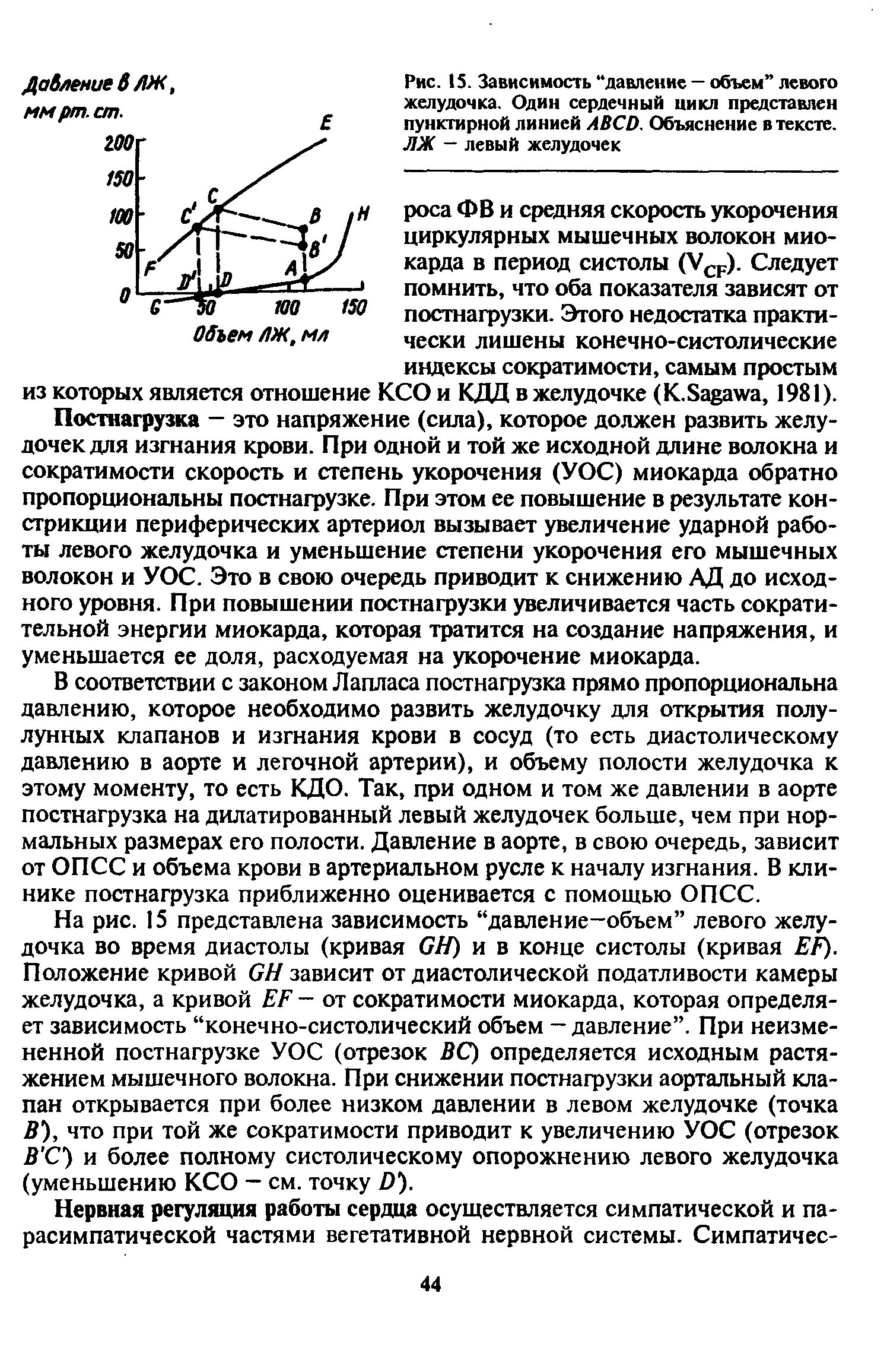 Рис. 15. Зависимость давление — объем левого желудочка. Один сердечный цикл представлен пунктирной линией АВСО. Объяснение в тексте. ЛЖ — левый желудочек...