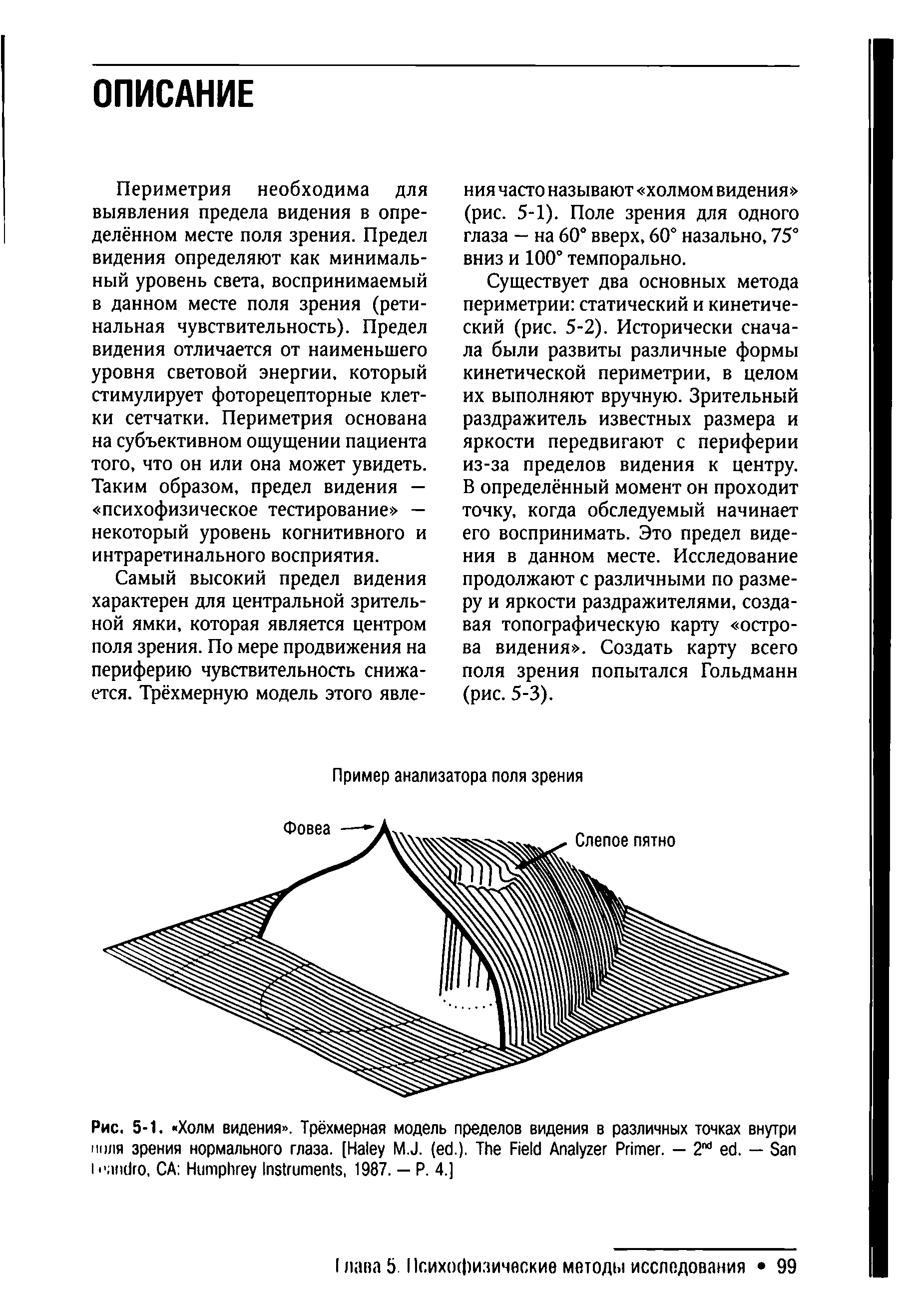 Рис. 5-1. Холм видения . Трёхмерная модель пределов видения в различных точках внутри ноля зрения нормального глаза. [H M.J. ( .). T F A P . — 2 . — S I " . CA H I , 1987. — P. 4.]...