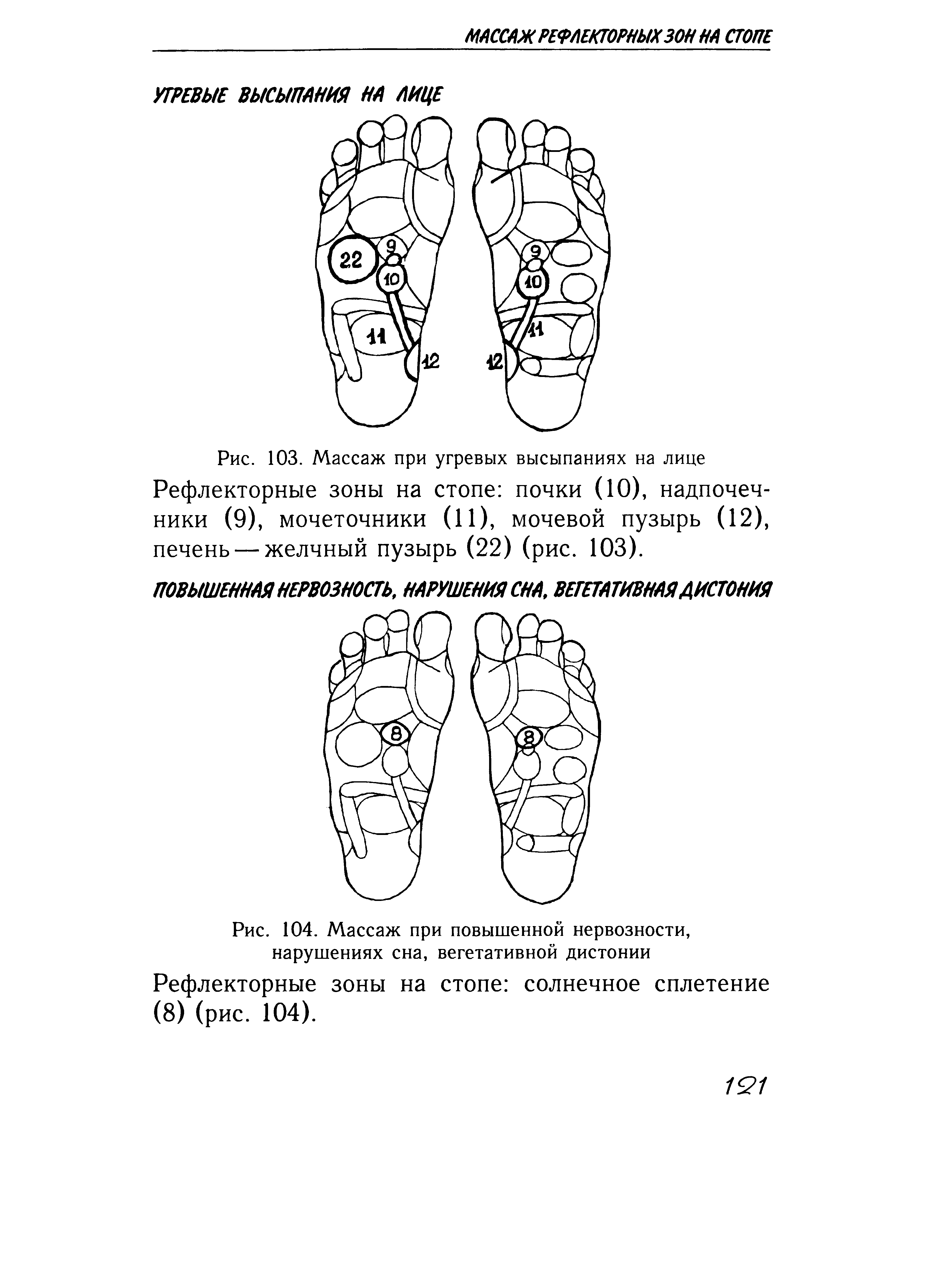 Рис. 103. Массаж при угревых высыпаниях на лице Рефлекторные зоны на стопе почки (10), надпочечники (9), мочеточники (11), мочевой пузырь (12), печень — желчный пузырь (22) (рис. 103).