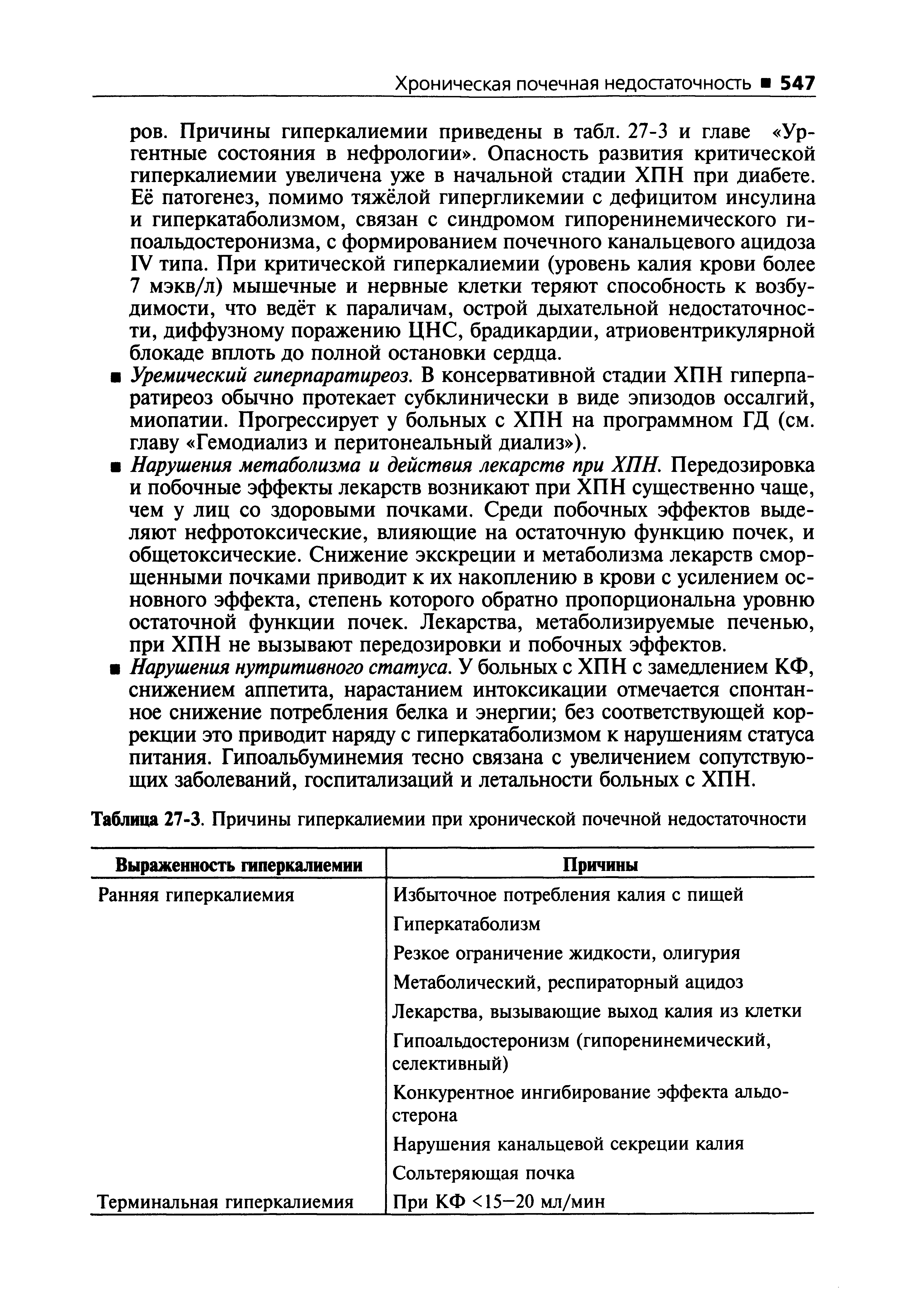 Таблица 27-3. Причины гиперкалиемии при хронической почечной недостаточности...