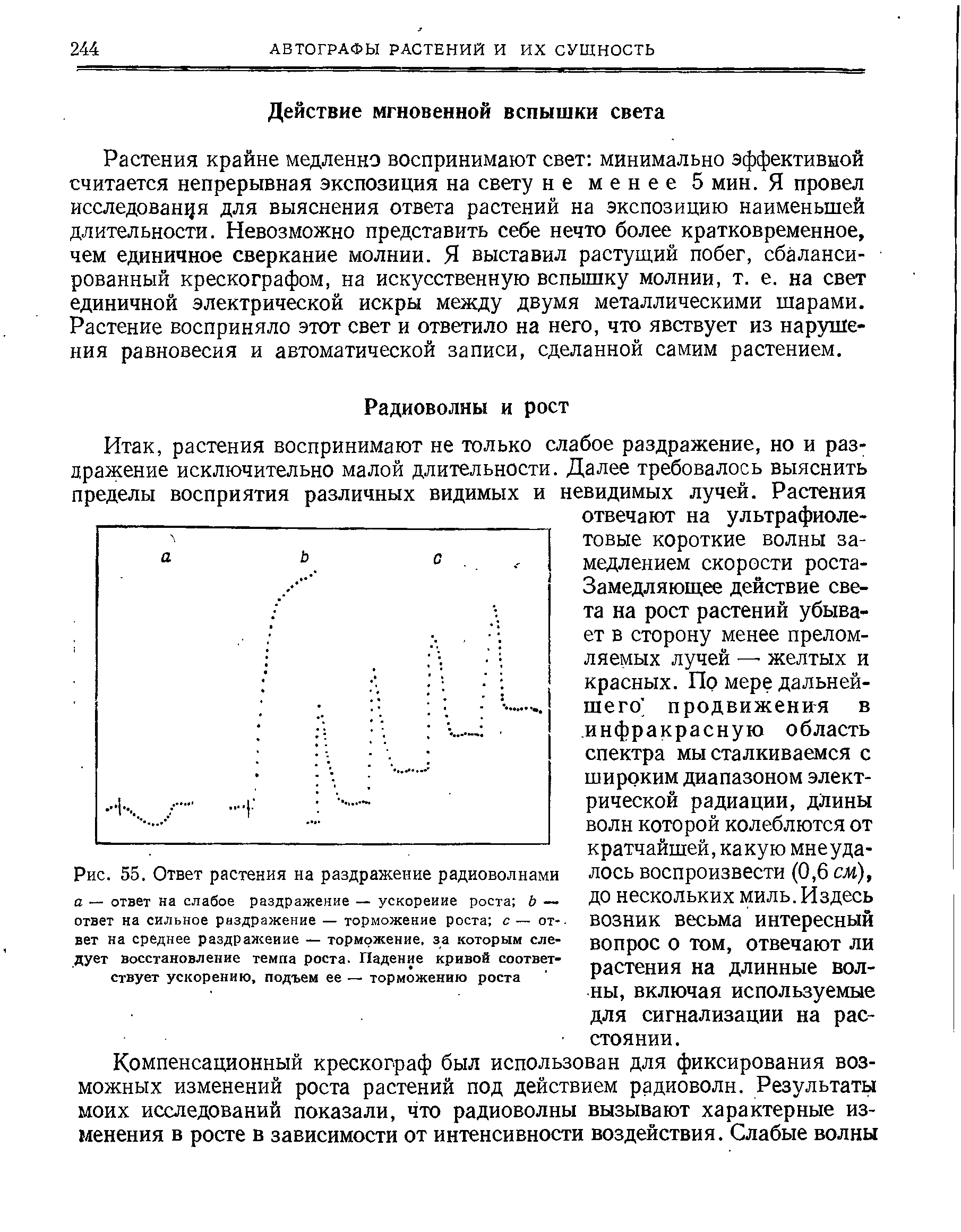 Рис. 55. Ответ растения на раздражение радиоволнами а — ответ на слабое раздражение — ускорение роста Ь — ответ на сильное раздражение — торможение роста с — от--вет на среднее раздражение — торможение, за которым следует восстановление темпа роста. Падение кривой соответствует ускорению, подъем ее — торможению роста...