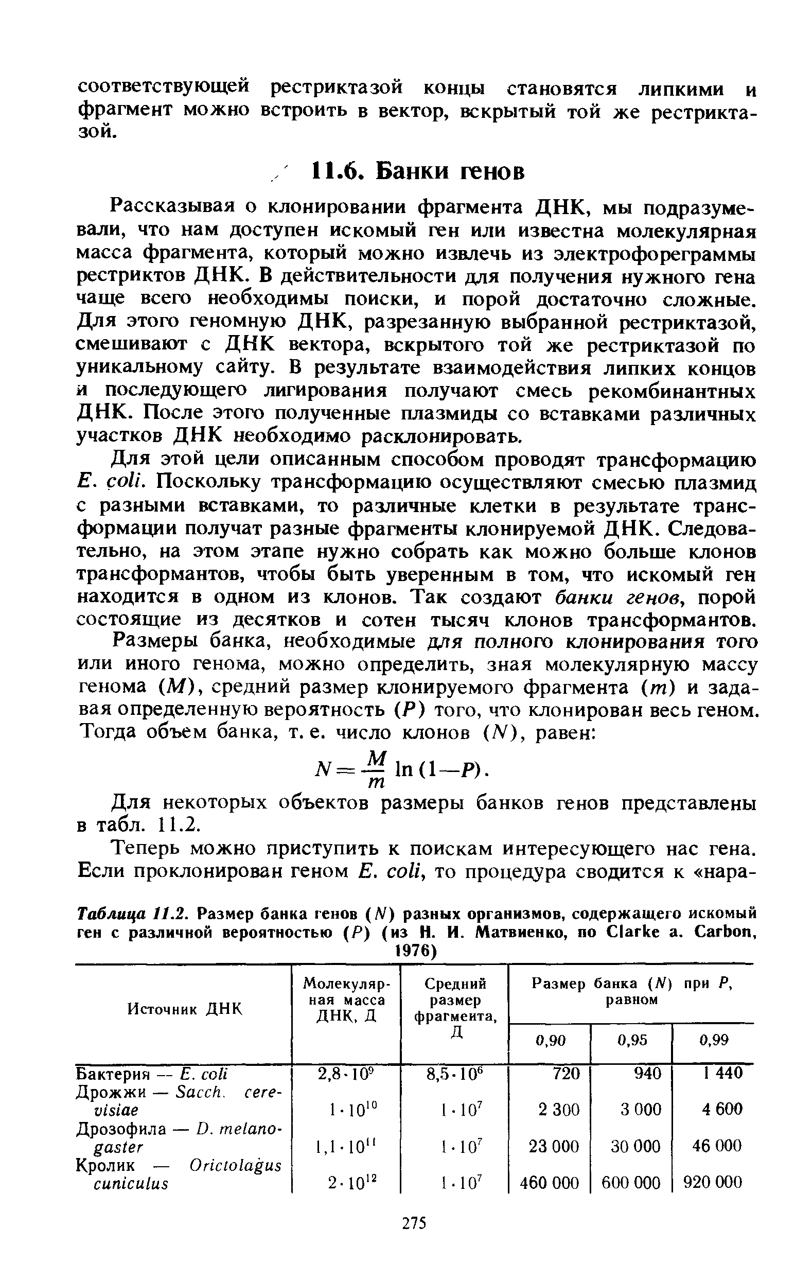 Таблица 11.2. Размер банка генов (IV) разных организмов, содержащего искомый ген с различной вероятностью (Р) (из Н. И. Матвиенко, по C . C , 1976) ...