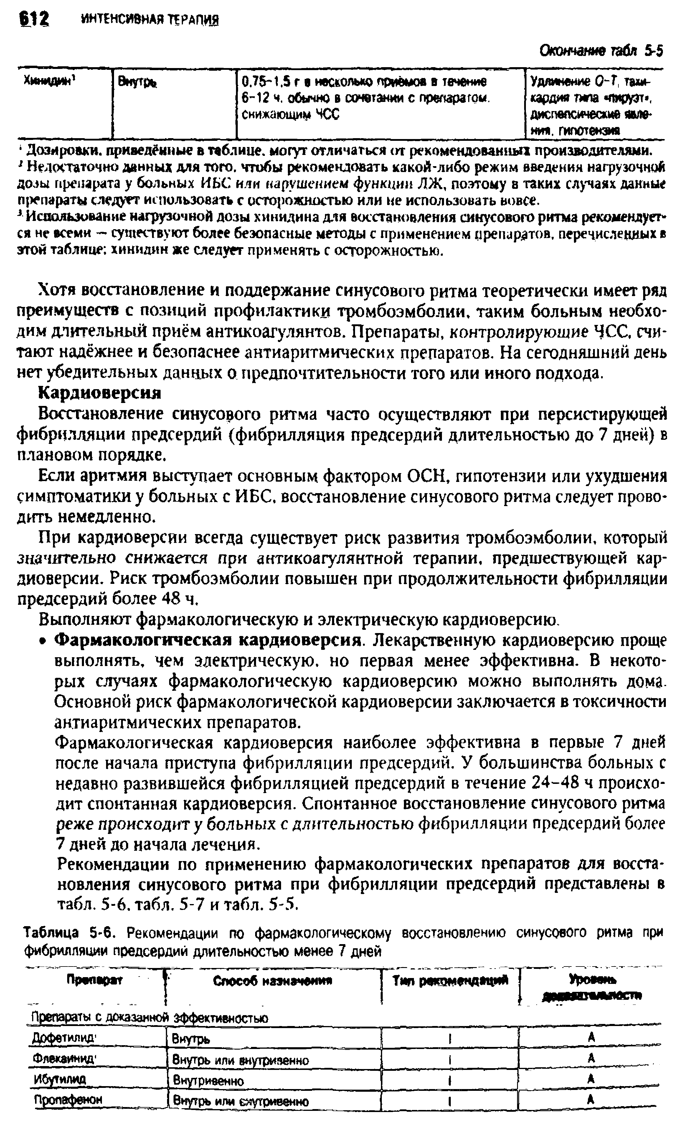 Таблица 5-6. Рекомендации по фармакологическому восстановлению синусового ритма при фибрилляции предсердий длительностью менее 7 дней...