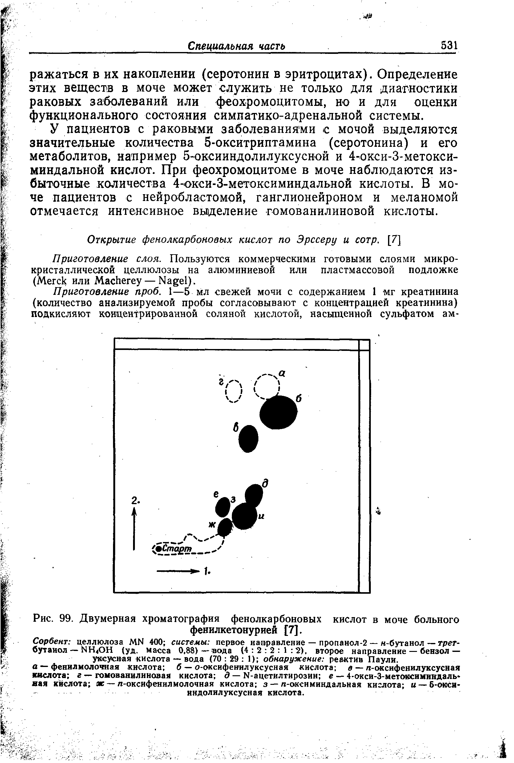 Рис. 99. Двумерная хроматография фенолкарбоновых кислот в моче больного фенилкетонурией [7].