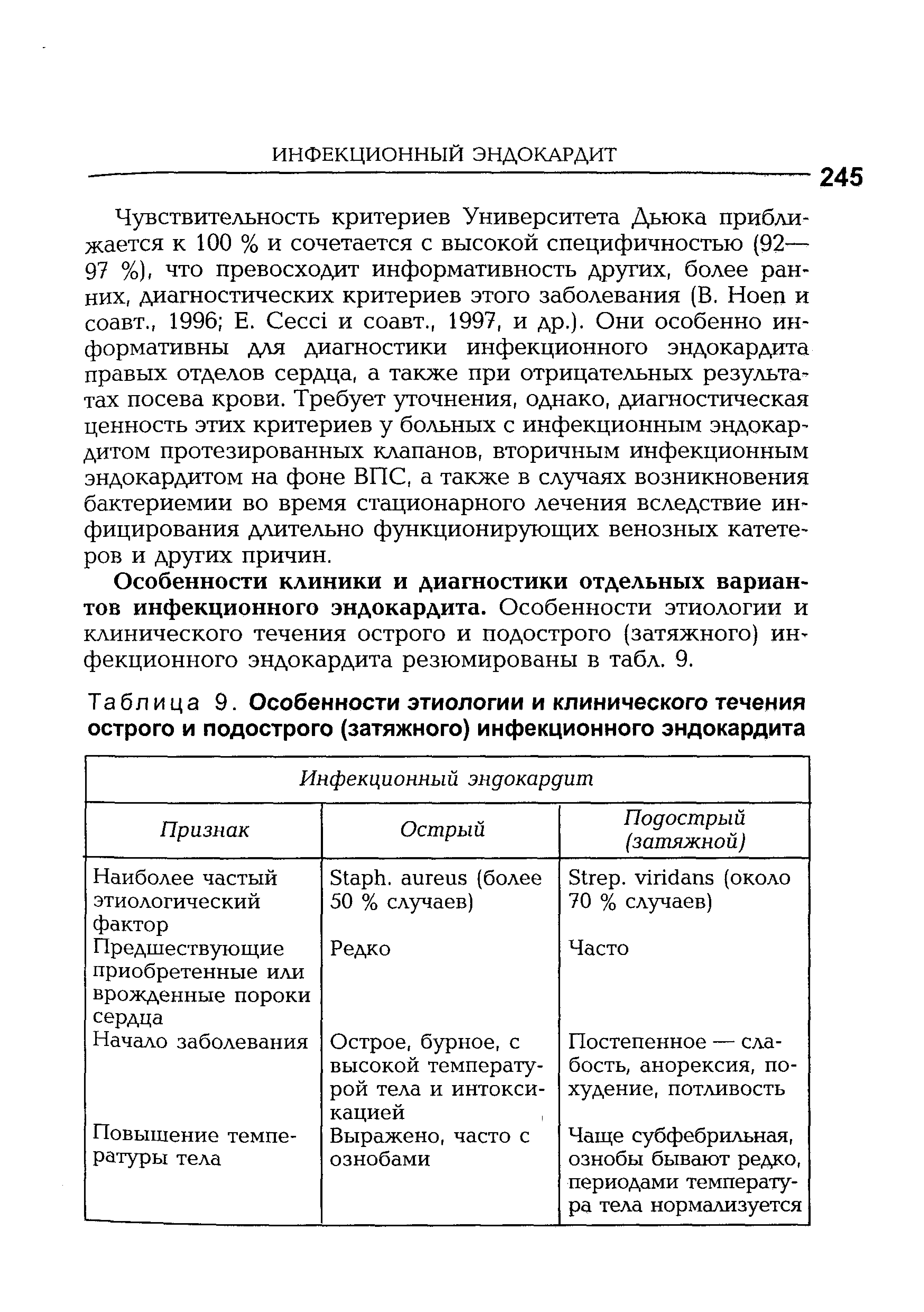 Таблица 9. Особенности этиологии и клинического течения острого и подострого (затяжного) инфекционного эндокардита...