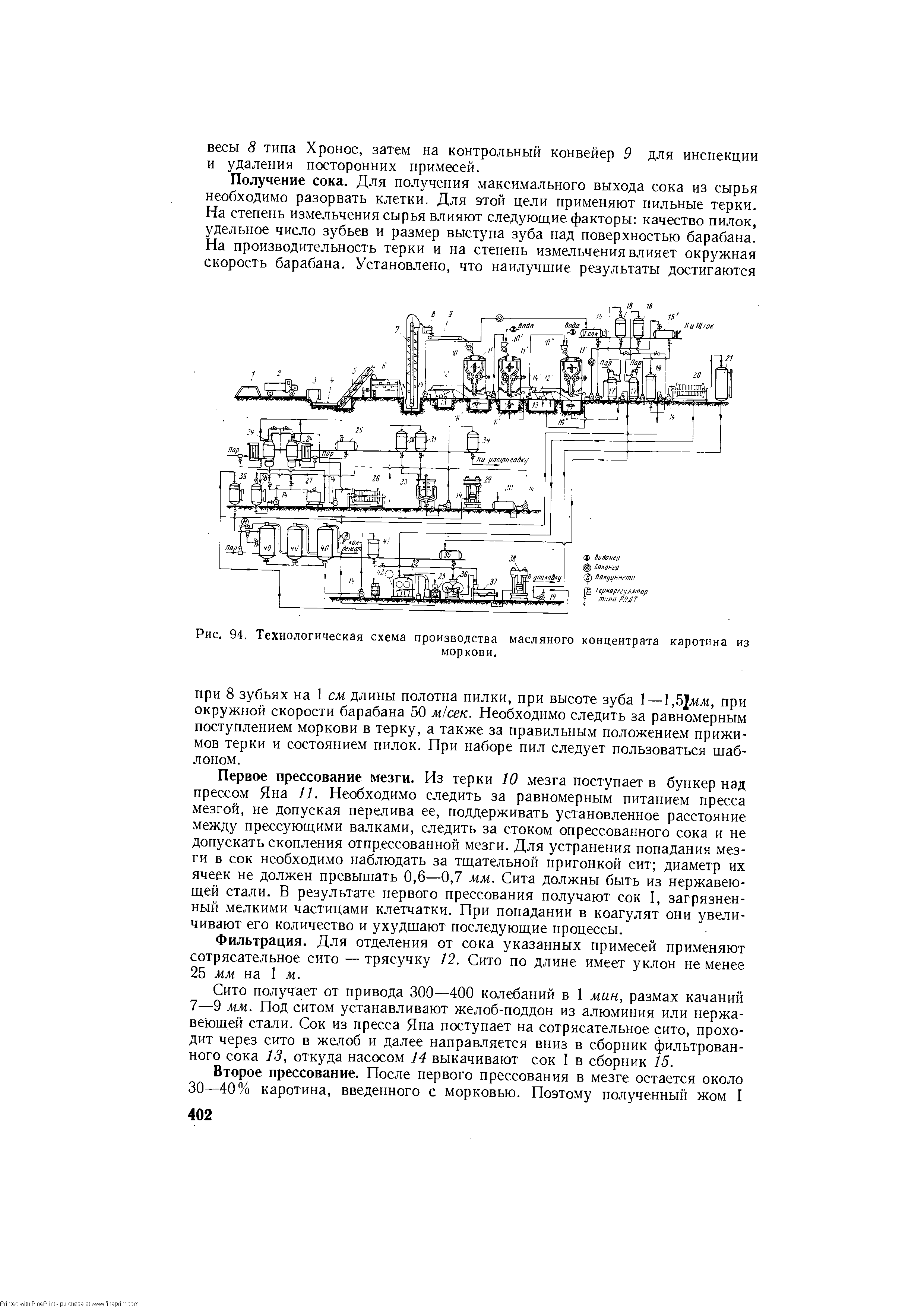 Рис. 94. Технологическая схема производства масляного концентрата каротина из моркови.