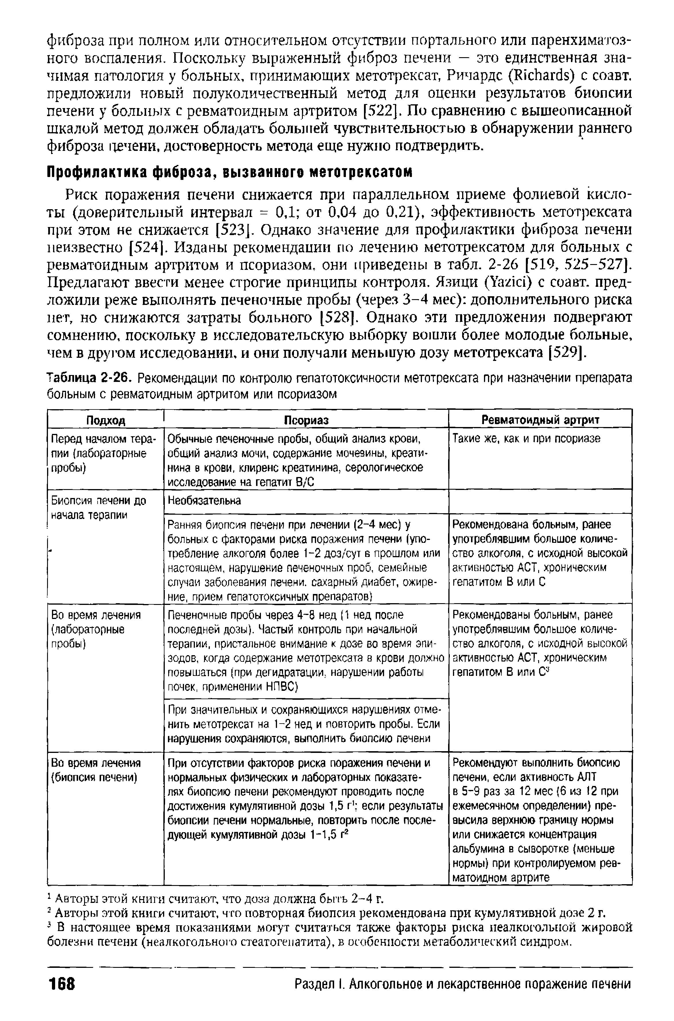 Таблица 2-26. Рекомендации по контролю гепатотоксичности метотрексата при назначении препарата больным с ревматоидным артритом или псориазом...