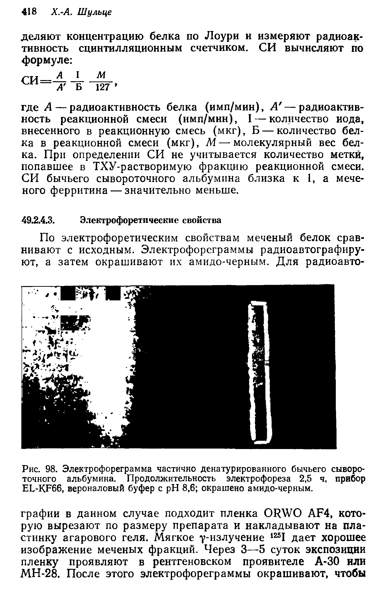 Рис. 98. Электрофореграмма частично денатурированного бычьего сывороточного альбумина. Продолжительность электрофореза 2,5 ч, прибор ЕБ-КИбб, вероналовый буфер с H 8,6 окрашено амидо-черным.